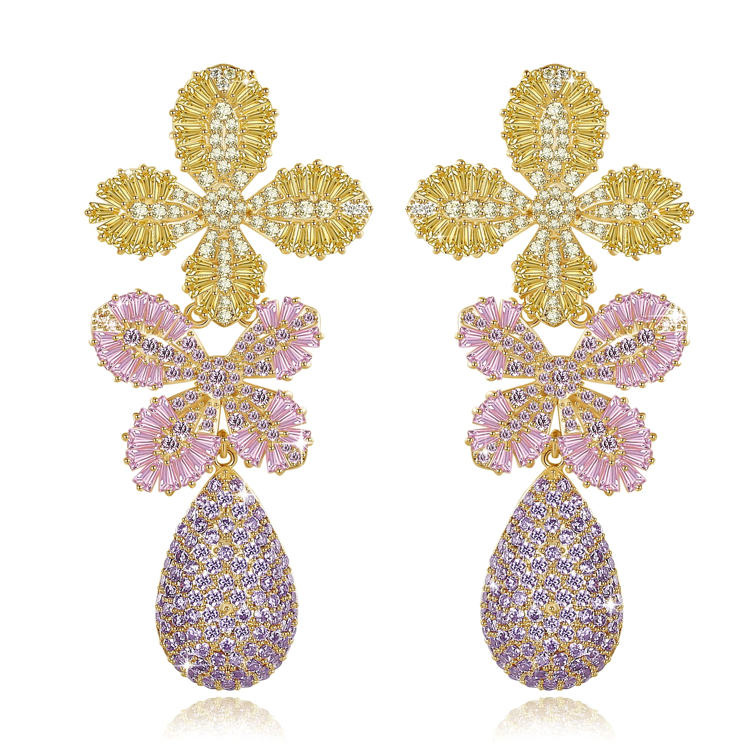 Frwiskp Zircon Gemstone Drop Dangle Earings, Multi Color Created Sapphire Pierced Earrings, 18K Gold