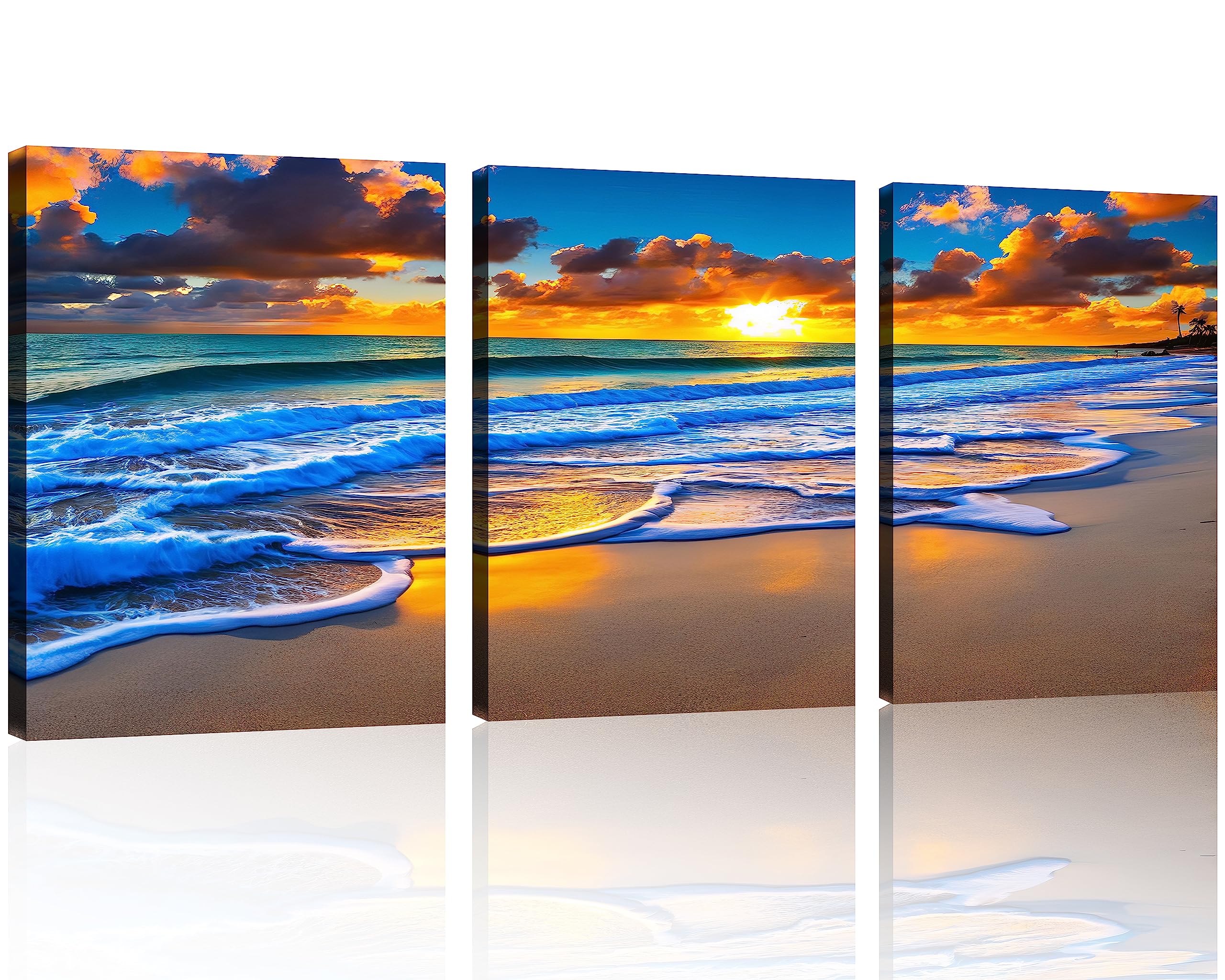 TutuBeerTutuBeer 3 Pcs Wall Decor Beach Ocean Pictures Sunrise over the Beach Pictures Print on Canvas Seascape Canvas Coastal Wall Art Ocean Wall Art Stretched and Framed 12" x 16" x 3