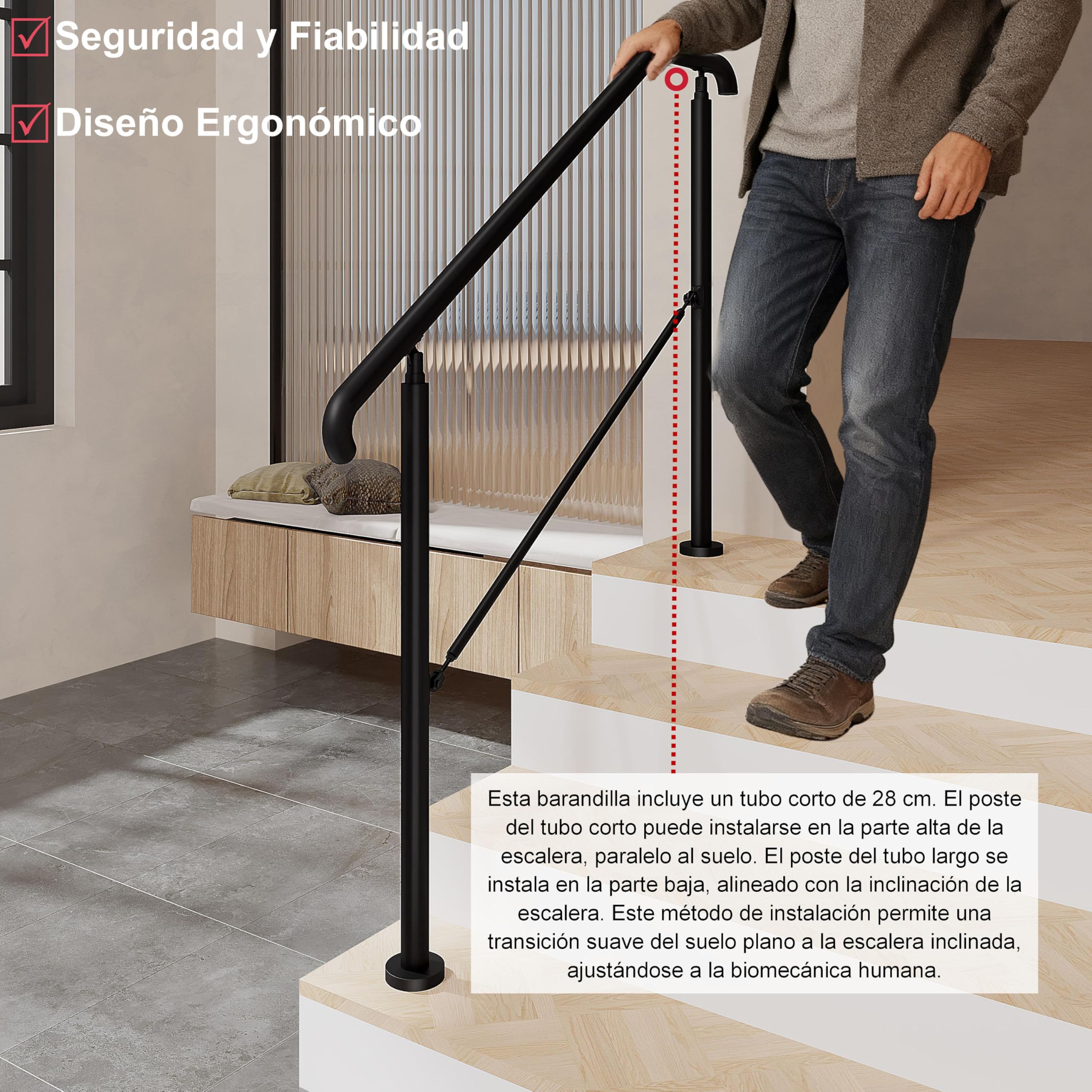 AICA Barandilla de escalera, Barandilla de entrada de acero inoxidable, ángulo de montaje ajustable, Barandilla para entradas, interior y exterior, Negro, 162x102 cm