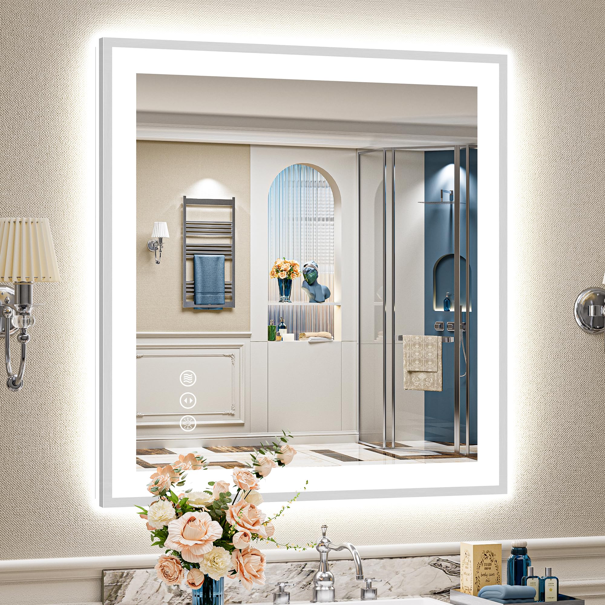 32x36 Inch Brushed Nickel LED Bathroom Mirror, Backlit &amp; Front Lit