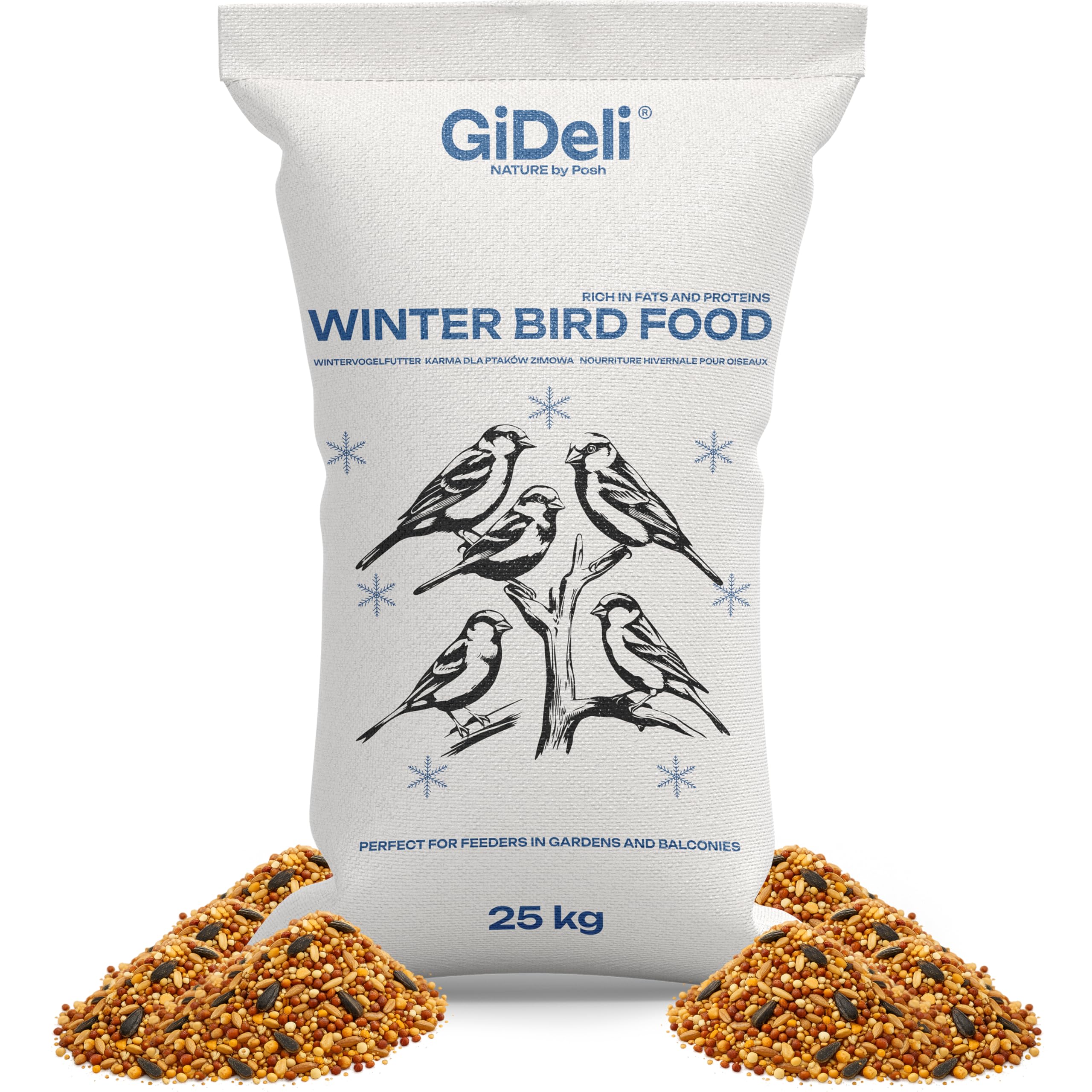 GiDeli Mangime invernale per uccelli, 25 kg, per uccelli selvatici, tutto l'anno, per giardino e balcone, con semi di lino, ricco di omega-3, calcio, senza additivi