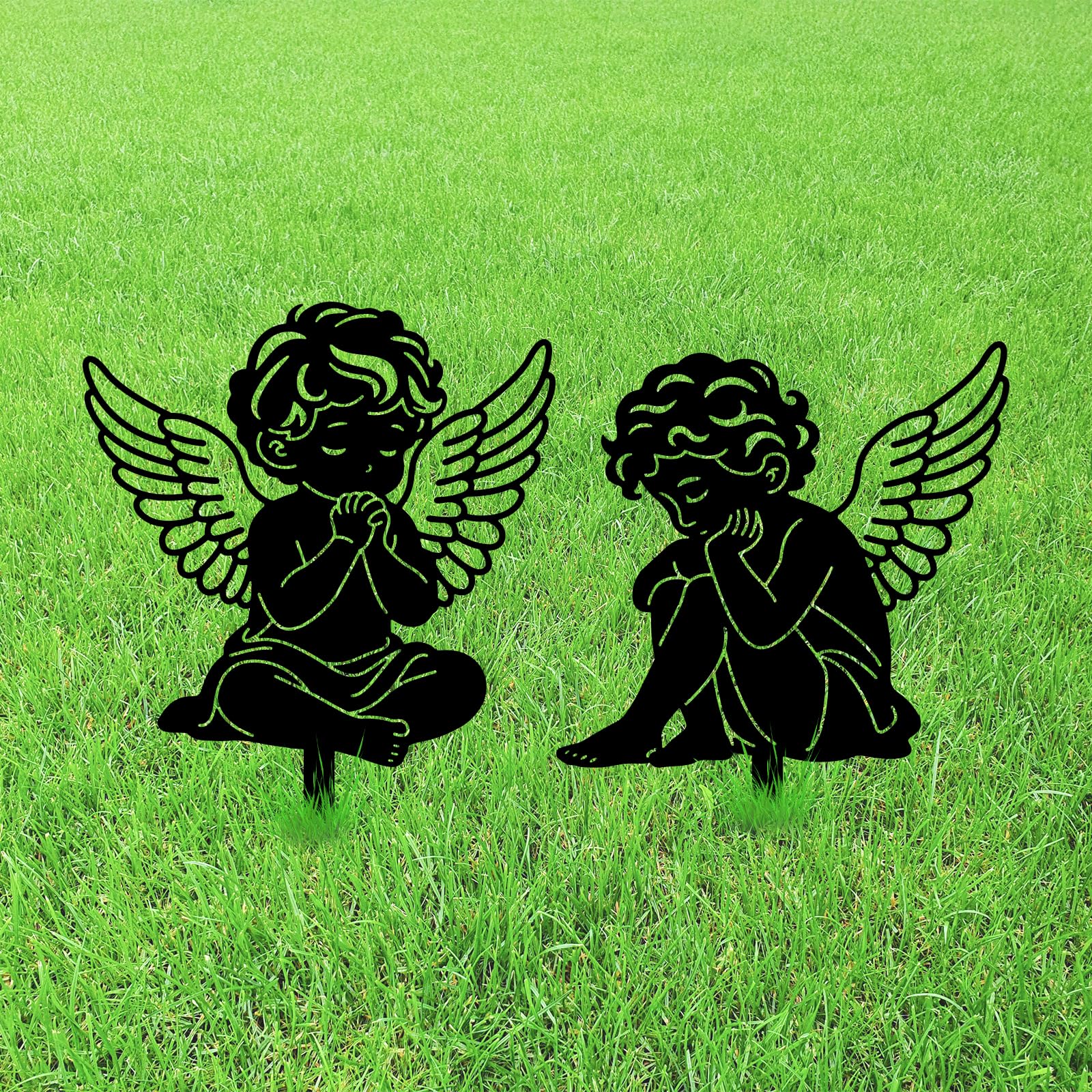 GLOBLELAND 2pcs Little Angel Metal Garden Stakes Black Silhouette Guardian Angel Decorative Yard Stakes Spring Trees Metal Outdoor Art Decor for Yard Patio Lawn Walkway Ornament