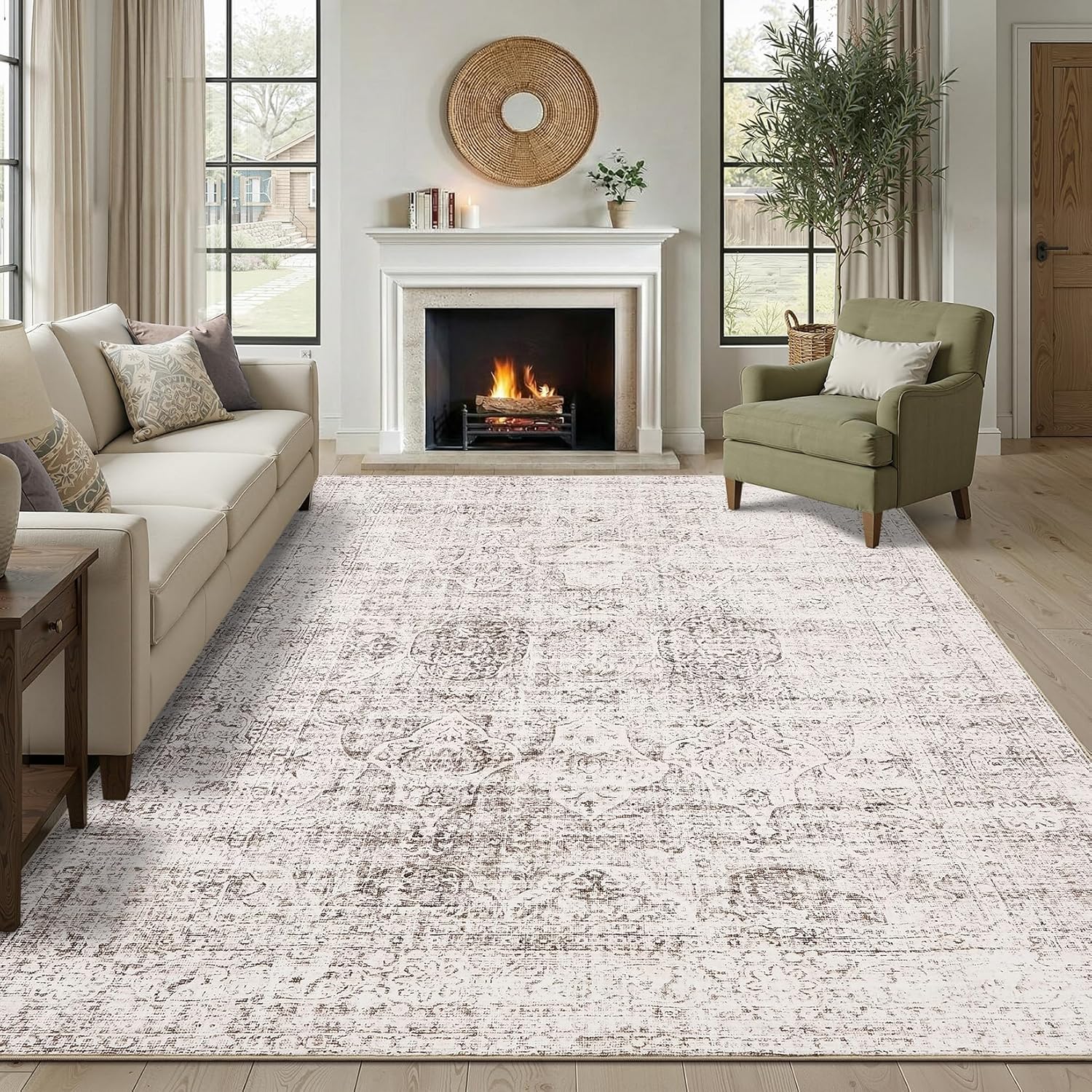 Area Rug 5x7 for Living Room - Machine Washable Area Rugs for Bedroom Vintage Stain Resistant Non Slip Low Pile Carpet for Dinning Room Farmhouse Kids Room Home Office,Brown/White Brown/White 5' x 7' (Rectangular)