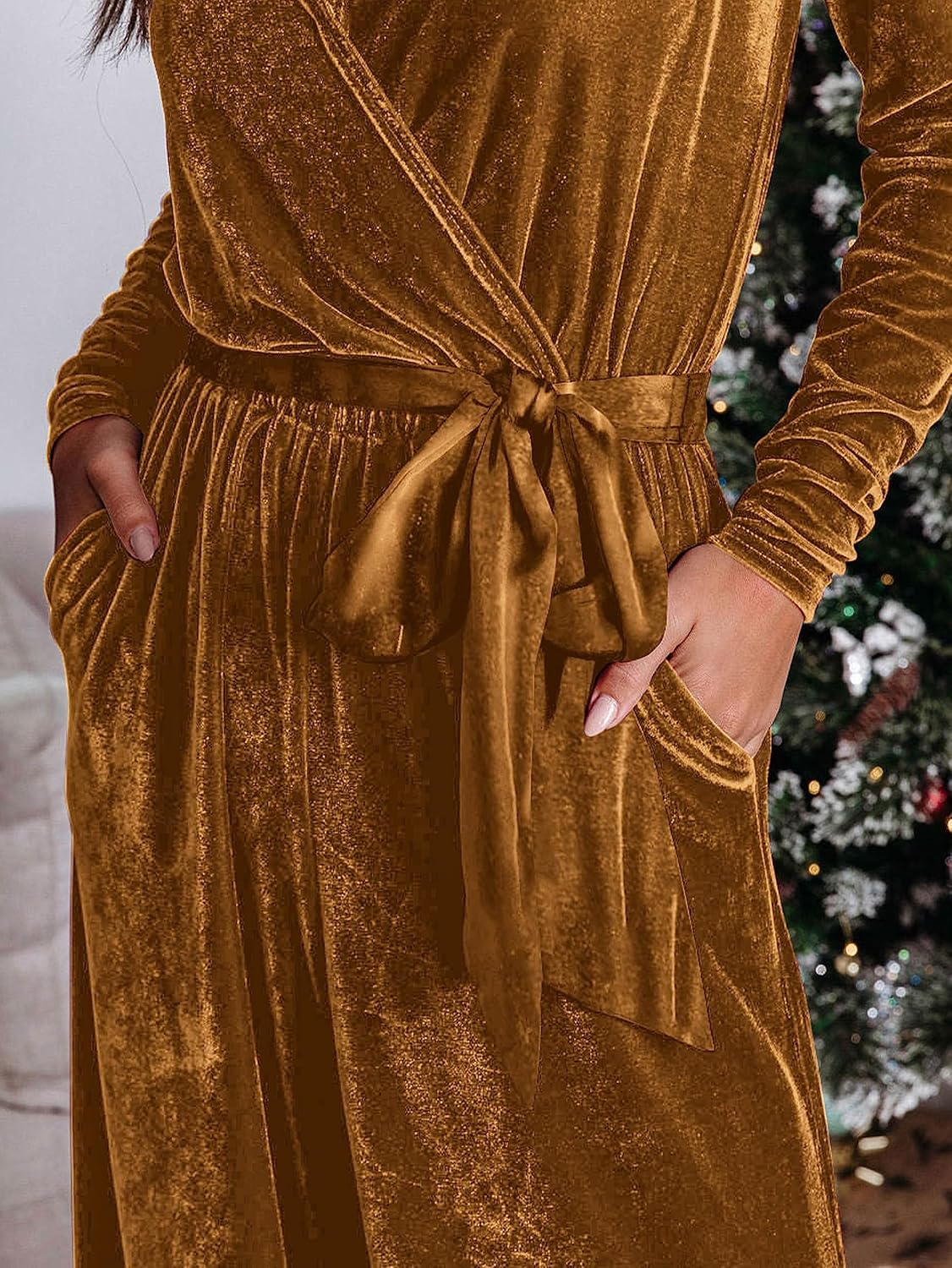 MASCOMODA 2024 Velvet Long Sleeve Wide Leg Jumpsuits for Women Dressy V Neck Belted Romper One Piece Fall Outfits with Pocket - Image 5