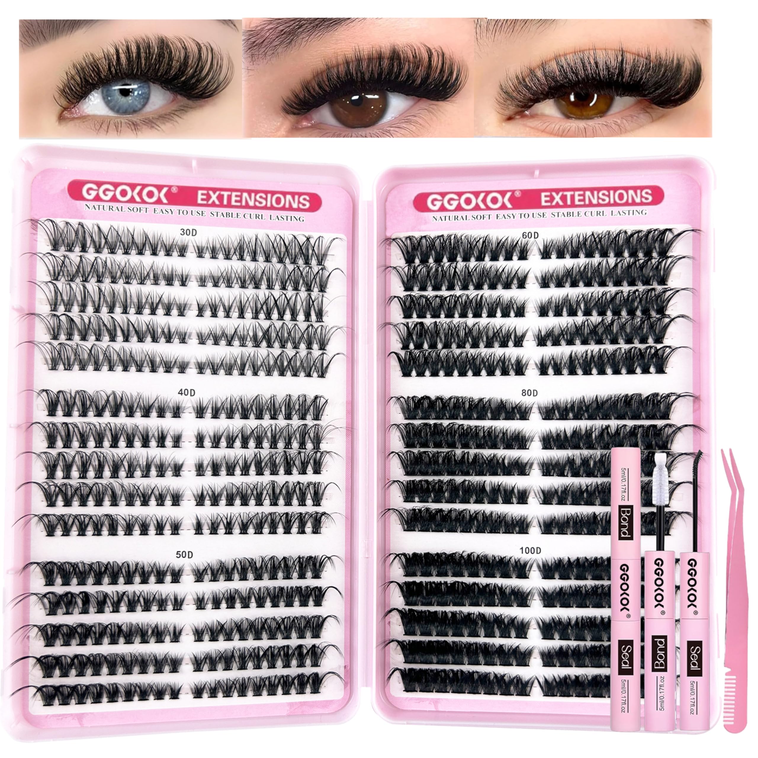 GGOKOK DIY Lash Clusters Kit Left and Right 30D+40D+50D+60D+80D+100D Fluffy Volume 8-16MM Thick Eyelash Extension Kit Individual Lashes Clusters Bond and Seal Tweezers(30D-100D,Left and Right,Kit)