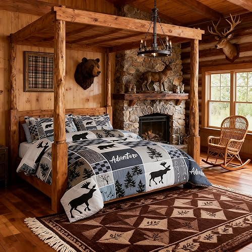 Miniatura 8 de Juego de edredón de ciervos y cuernos de ciervo, juego de ropa de cama de Navidad con patas de oso y pinos para decoración de habitación de niños,