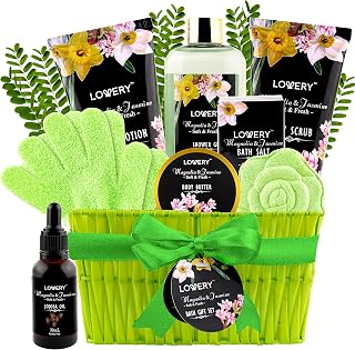 Luxury Spa Bath Gift Set for Women, Magnolia Gift Basket with Jojoba Oil, Shower Gloves, Shower Gel, Lotion, Body Butter, Body Scrub, Bath Salt, and Bath Bomb in a Wicker Basket