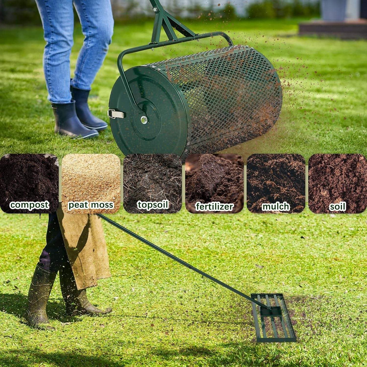 Juego de cuidado del césped con esparcidor de abono y rastrillo nivelador de césped, esparcidor de empuje de metal con mango en forma de T para un mantenimiento eficiente del patio