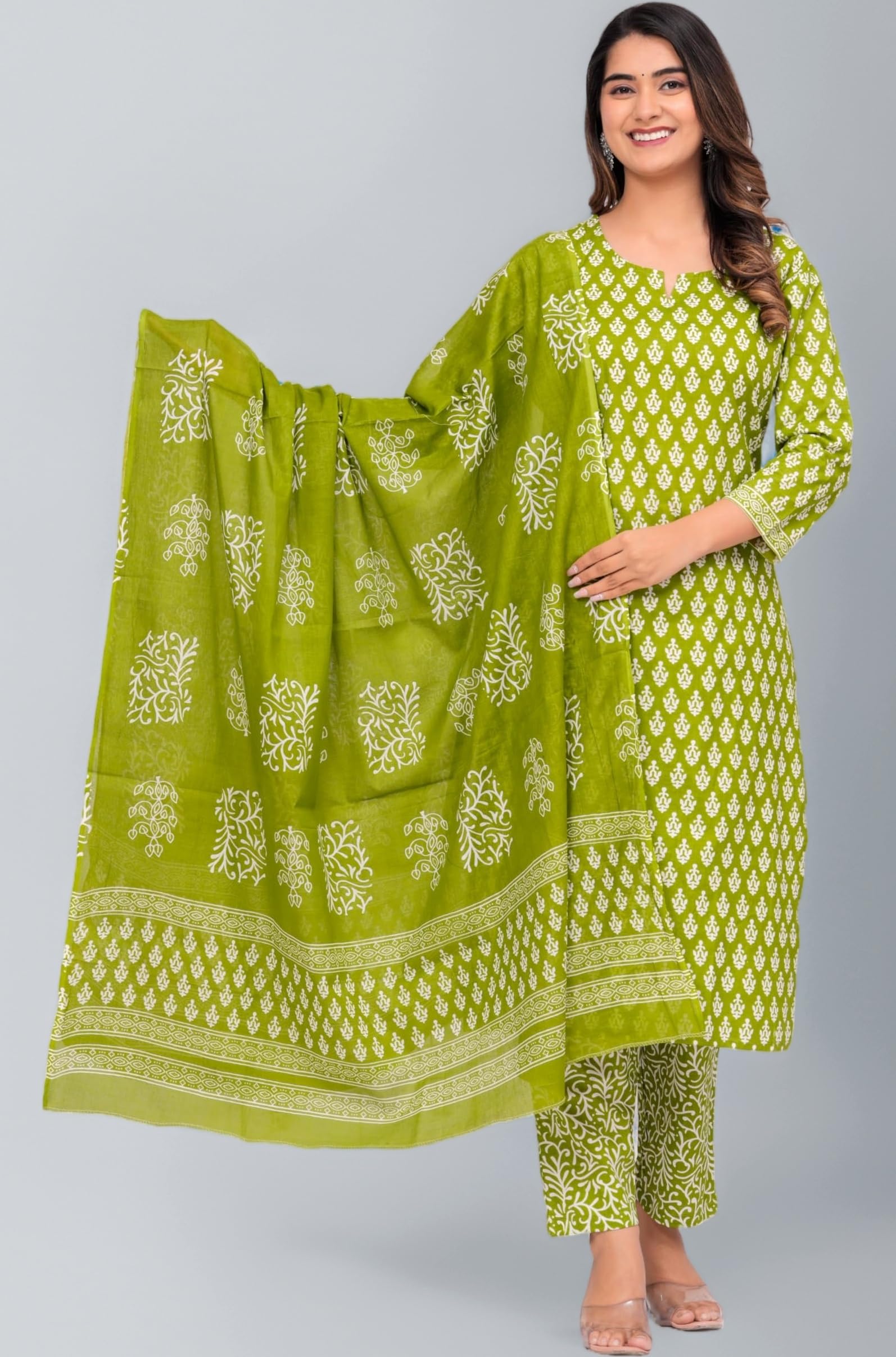 Women's Cotton Printed Straight Kurta with Palazzo & Dupatta Set