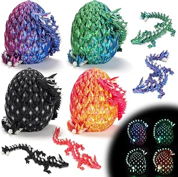 4 Pcs 3D Printed Dragon Glow in The Dark with Eggs, Easter Basket Stuffers Dinosaur Fillers Eggs Fidget Toys for Kids, Birthdays, Christmas, Easter Decorations Gifts Indoor Outdoor for Girls Boys