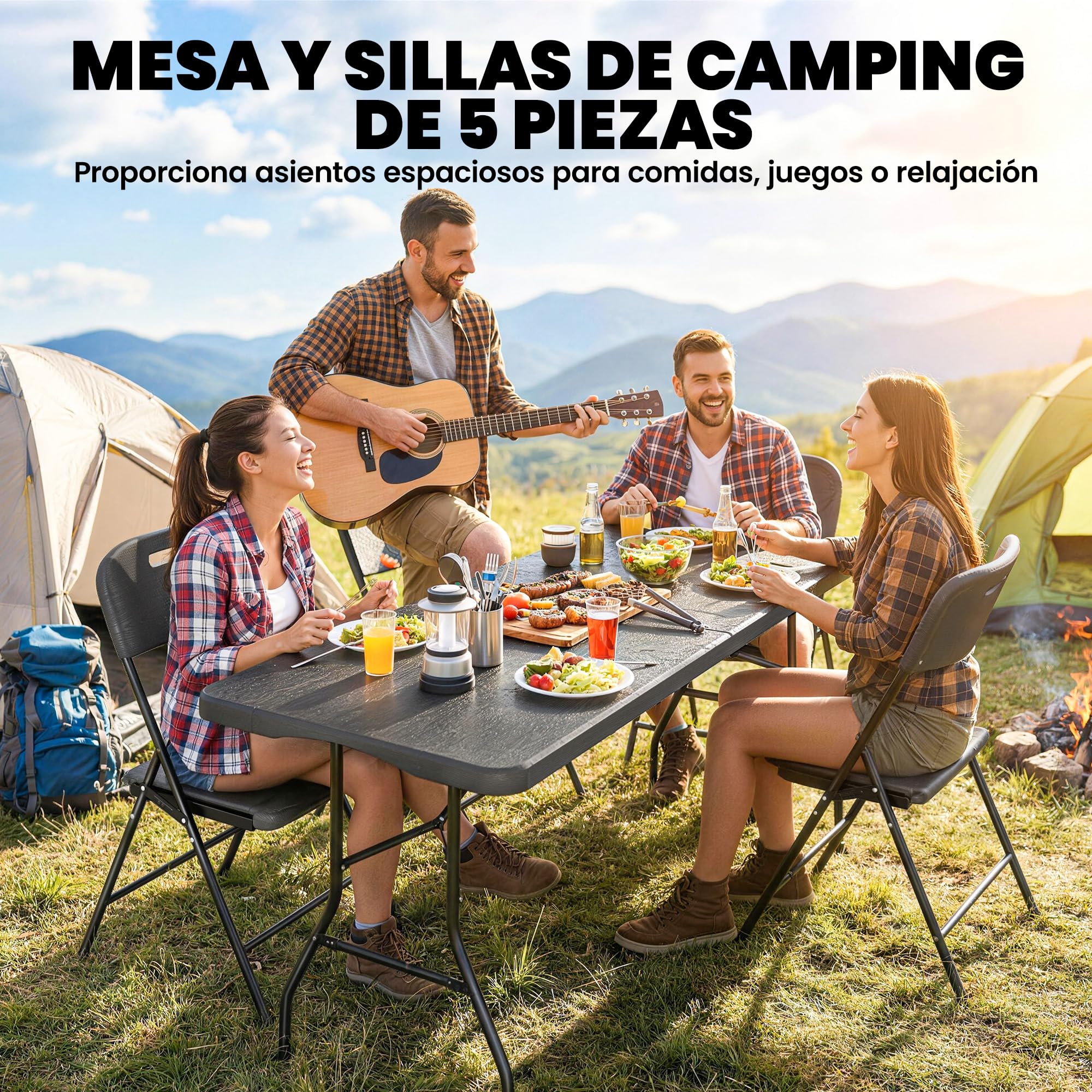 Outsunny Conjunto de Camping Plegable de 5 Piezas Mesa Plegable Camping con Sillas Incluye 1 Mesa 180x74x74 cm y 4 Sillas Tapa Impermeable HDPE y Estructura de Metal para Acampadas Jardín Pícnic Negro