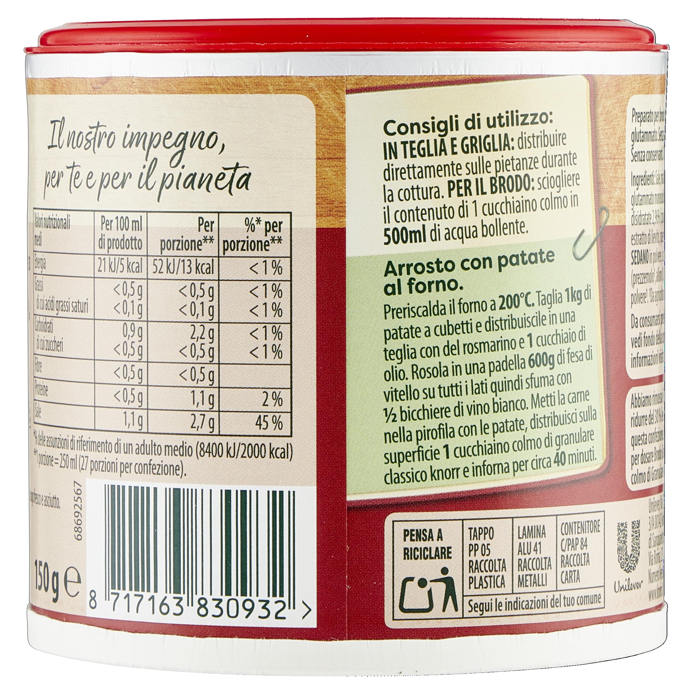 Knorr Brodo Granulare Classico, Senza Glutine, Lattosio e Conservanti, Ricco di Sapore, Ideale per il Tuo Ragù e Carne alla Griglia, 150g (Confezione da 10)