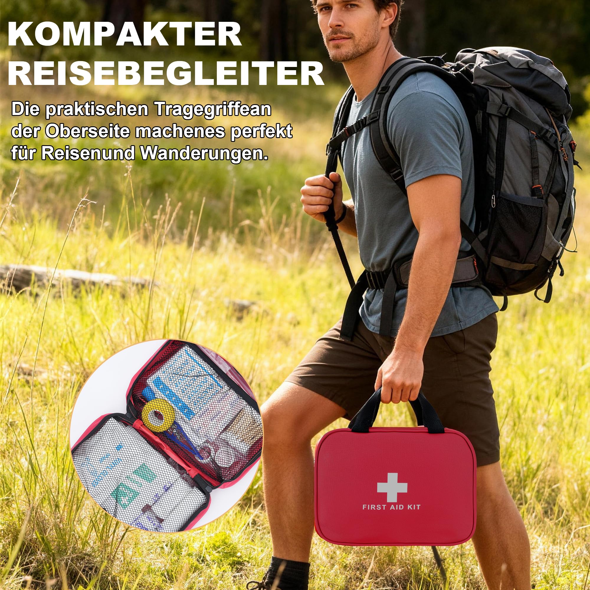 Kit de primeros auxilios botiquin de primeros auxilios 170 piezas, 25x18x8cm kit supervivencia kit emergencia para coche casa lugar trabajo mochila y acampar