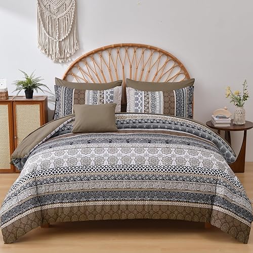 Miniatura 8 de Juego de edredón bohemio tamaño matrimonial, color azul claro, juego de edredón de 8 piezas en una bolsa, juego de ropa de cama de cachemira a rayas