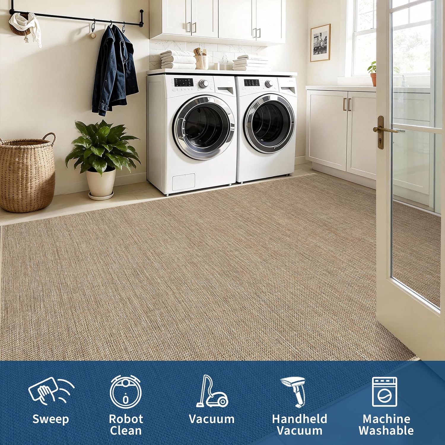 Easy Jute Rug 8x10 Washable Indoor Outdoor Rugs Non Slip Stain Resistant Modern Neutral Patio Throw Carpets Solid Tan Contemporary Area Rugs for Porch Kitchen Bedroom Living Room Backyard, Tan