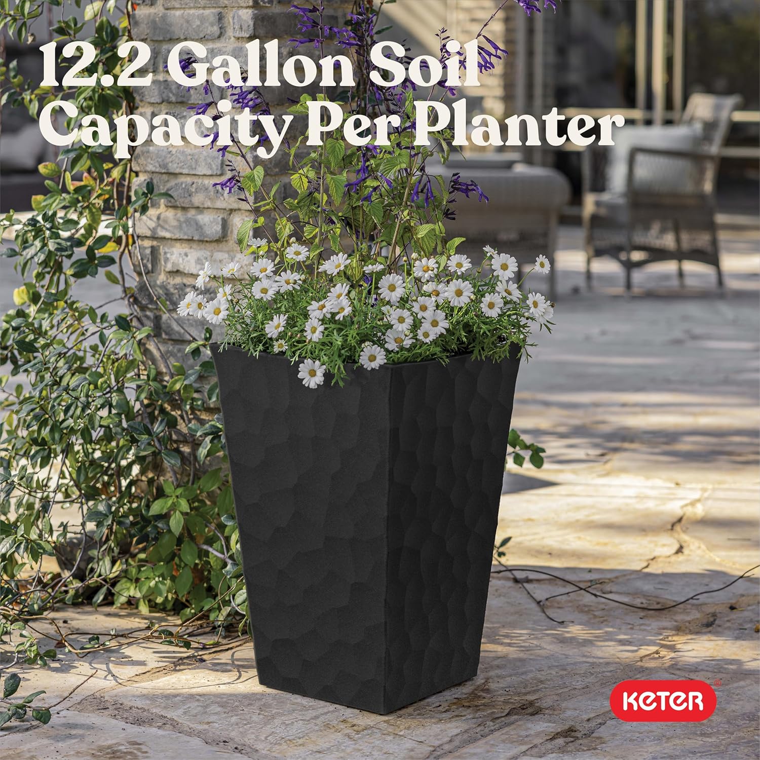 Keter Stone Tapered Planter Set of 2, Tall 26.4‑Inch Resin Outdoor Flower Pots with Stone‑Look Finish and 12.2‑Gallon Capacity, Graphite