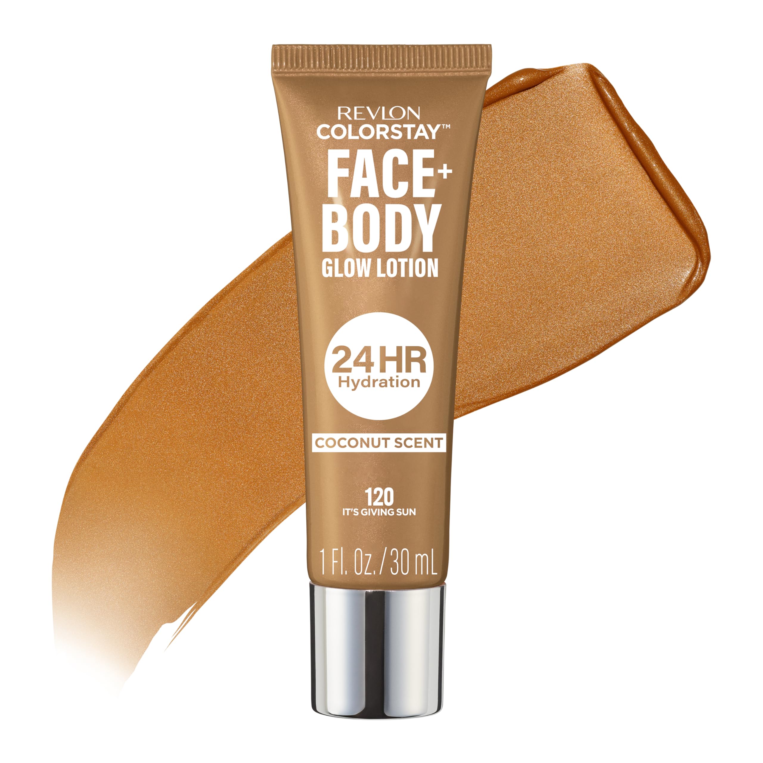 Revlon ColorStay Face & Body Glow Lotion – Hydrating Bronzer with Coconut Scent, Radiant Luminising Finish, 24-Hour Hydration, It's Giving Sun