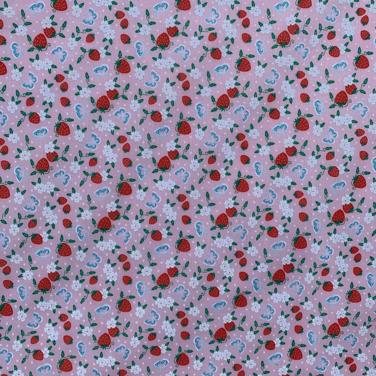 Strawberry Design Novelty Poly Cotton Printed Dress Craft Fancy Dress Fabric Material | 45" - 112 cm | Sold Per Half Metre (Pink)