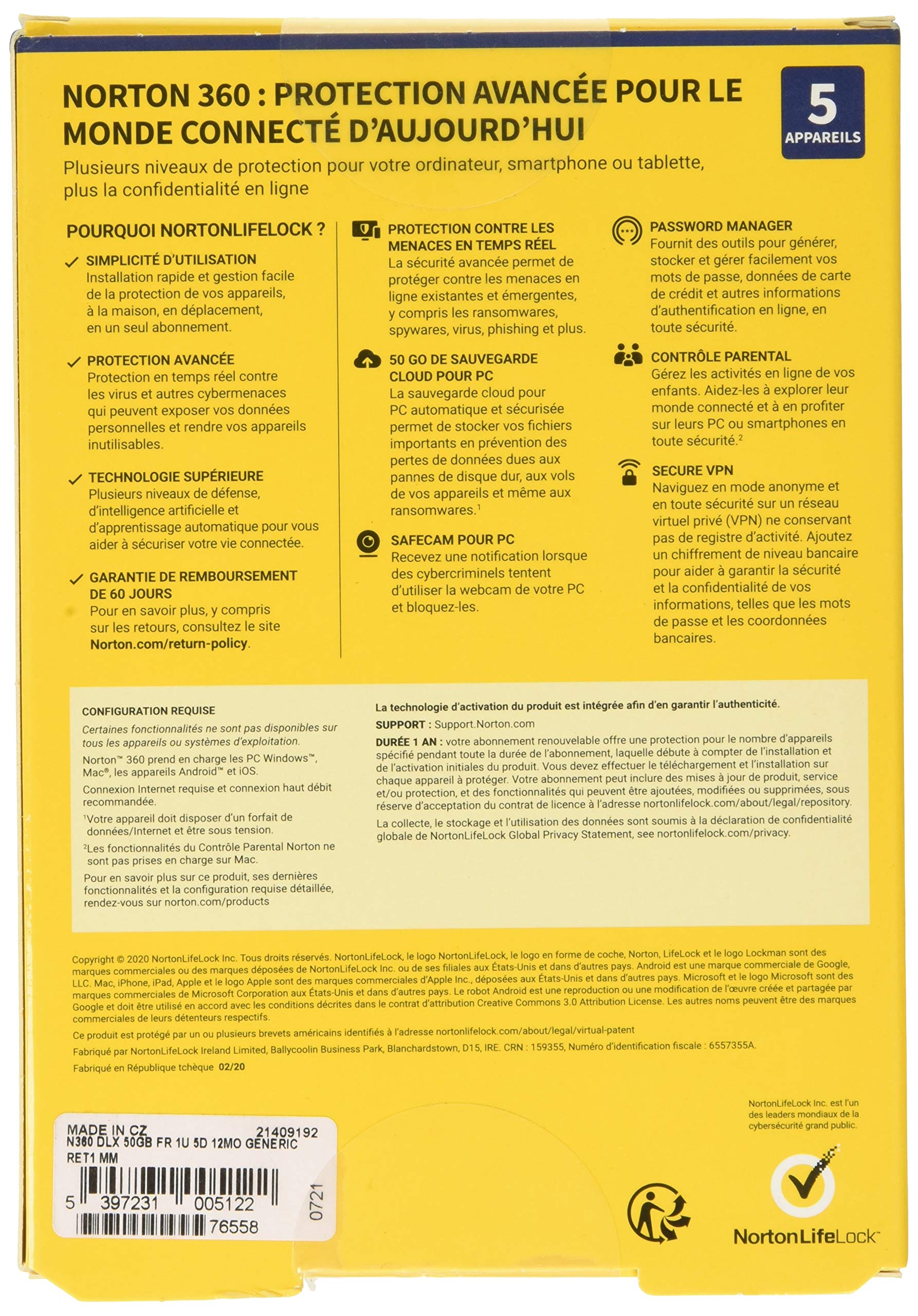 Symantec Norton 360 Deluxe - Version boîte (1 an) - 5 périphériques, Espace de Stockage de Cloud 50 GB - Mass Market - Win, Mac, Android, iOS - français