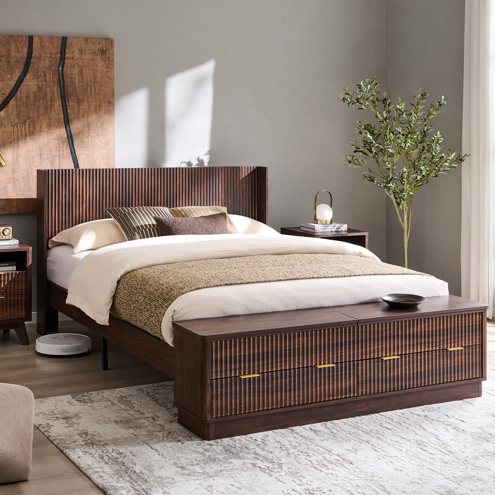 T4TREAM Fluted Queen Size Bed Frame with Storage Bench