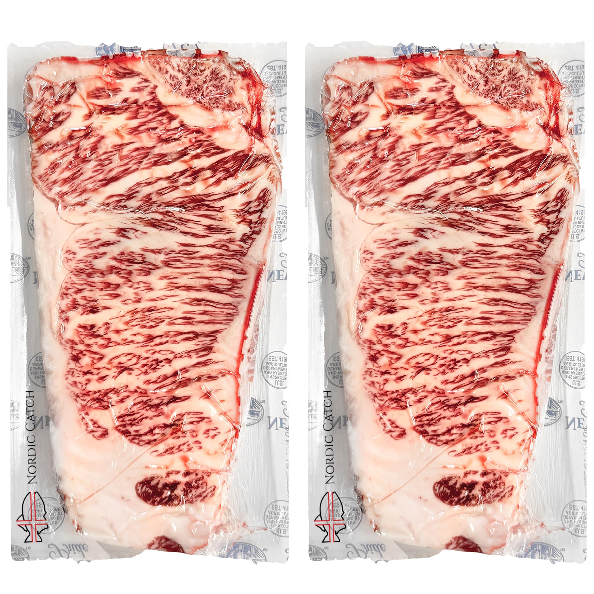 Nordic Catch - Grade A5 Japanese Wagyu Beef, New York Strip Steak Without Bone, Fresh Thick Cut, Two Portions of A5 Wagyu Steak, Skin-Packed 100% Authentic from Kagoshima Reserve - 14oz - (2 Pack)