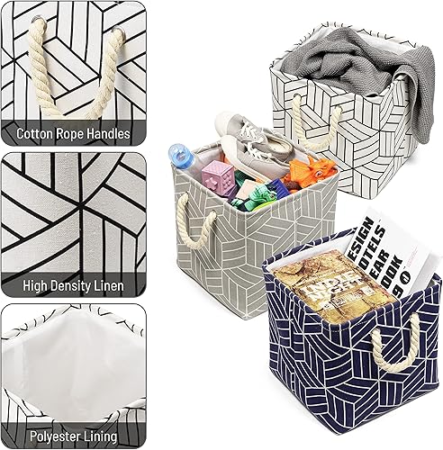 Miniatura 4 de Cesta de almacenamiento de tela 3 unidades Plegable de lona cuadrada plegable de lino organizador con asas para estantes, armario, ropa, guardería,