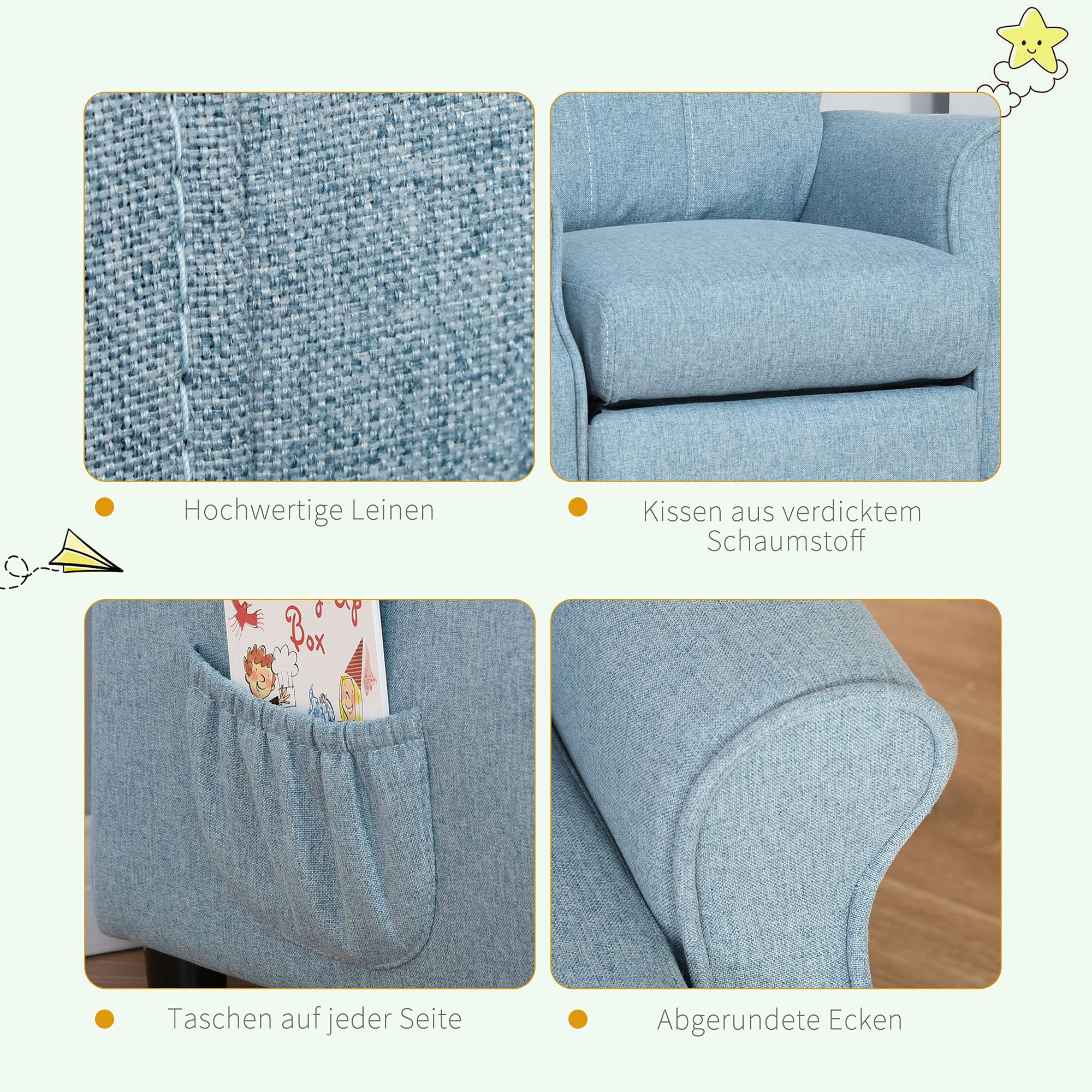 HOMCOM Kindersofa Kindersessel mit Fußstütze Armlehne verstellbare Rückenlehne Relaxsessel Kindercouch Stuhl Liegecouch Kinder Sofa für 3-5 Jahre Jungen und Mädchen Blau