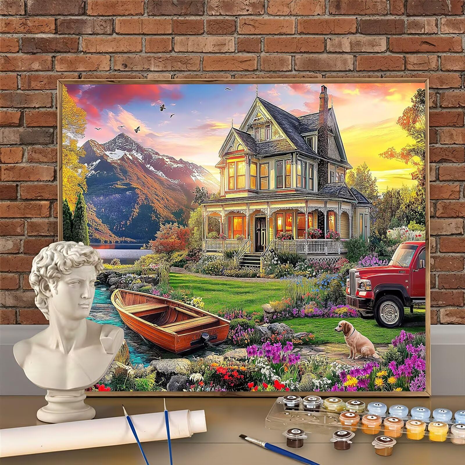 Landschaft Malen nach Zahlen XXL 60x90cm, Malen nach Zahlen Erwachsene Set - DIY Paint By Numbers Auto Malset für Anfänger & Senioren - Acrylfarben & 3 Pinseln - Stressabbau - Ideale Geschenk W-O538