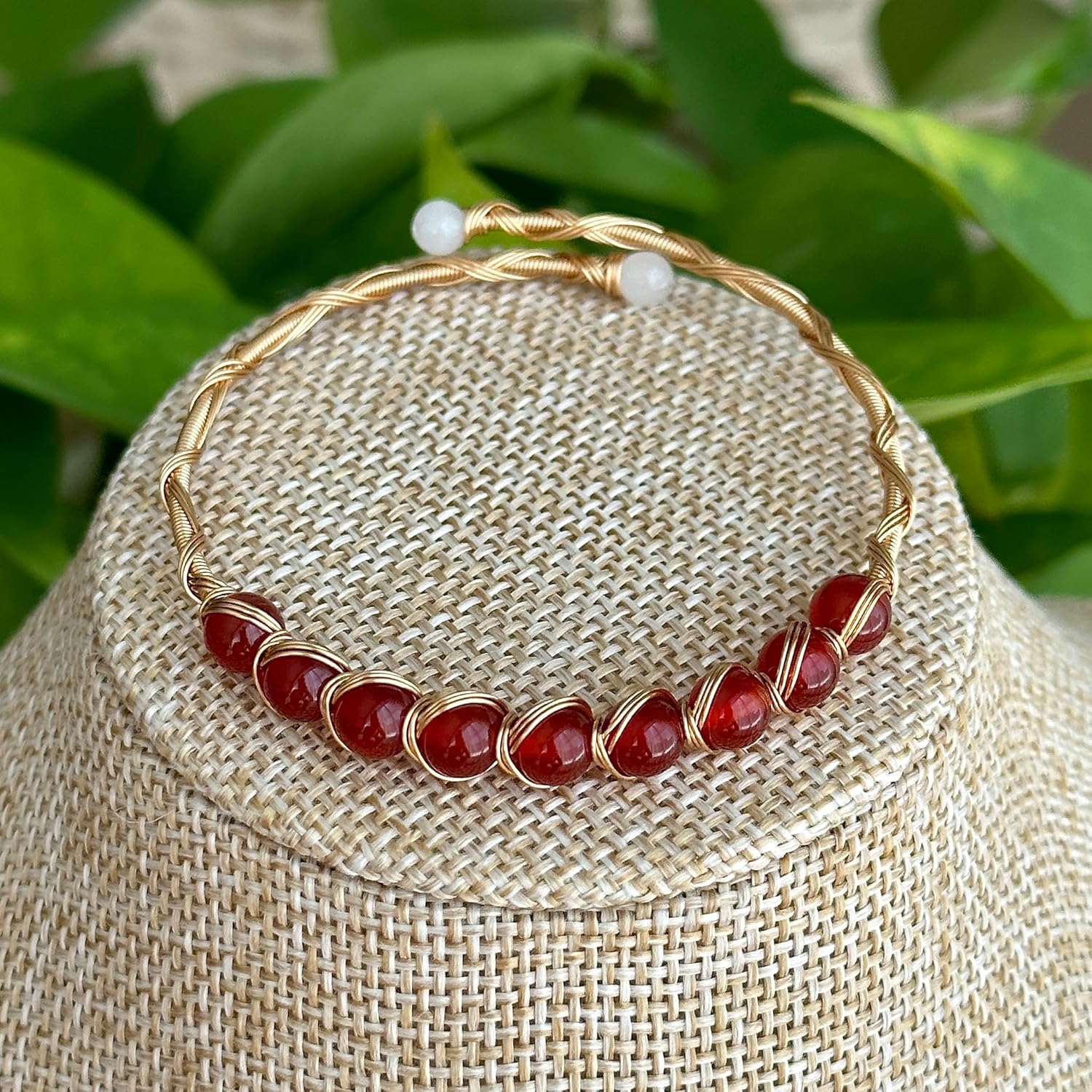 Handmade Genuine Red Agate 14k Gold Filled Wire Wrapped Bracelet, Birthstone Chakra Healing Grounding Gemstone Crystal Beads Adjustable Bangle Cuff Jewelry Gift for Women - Image 7