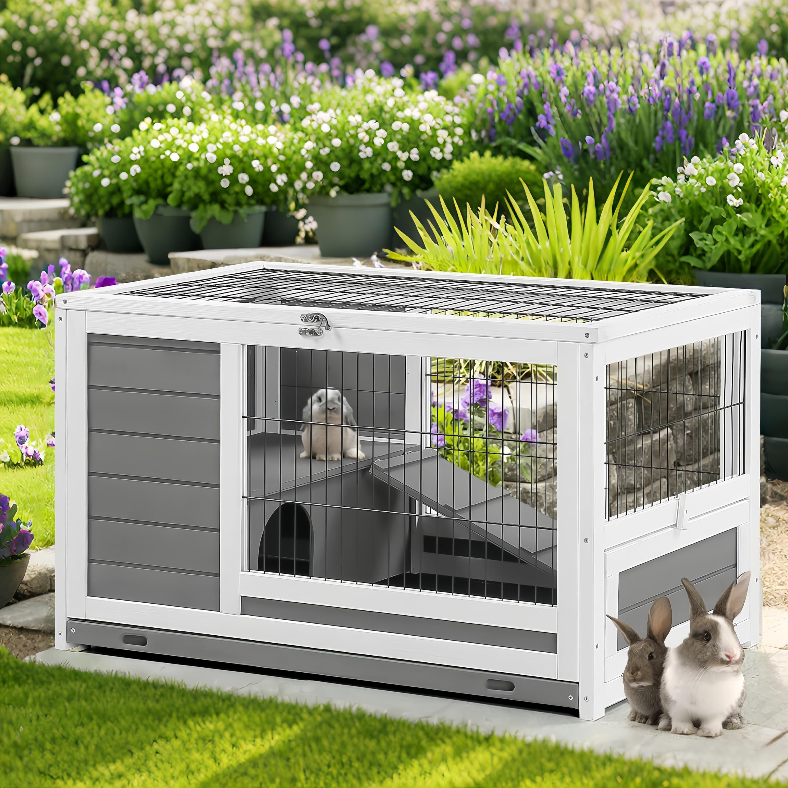 YODOLLA Hasenstall Kaninchenstall Kleintierhaus für Kleintiere, 90 cm Meerschweinchenkäfige mit Auslauf, Kaninchenkäfig für drinnen und draußen