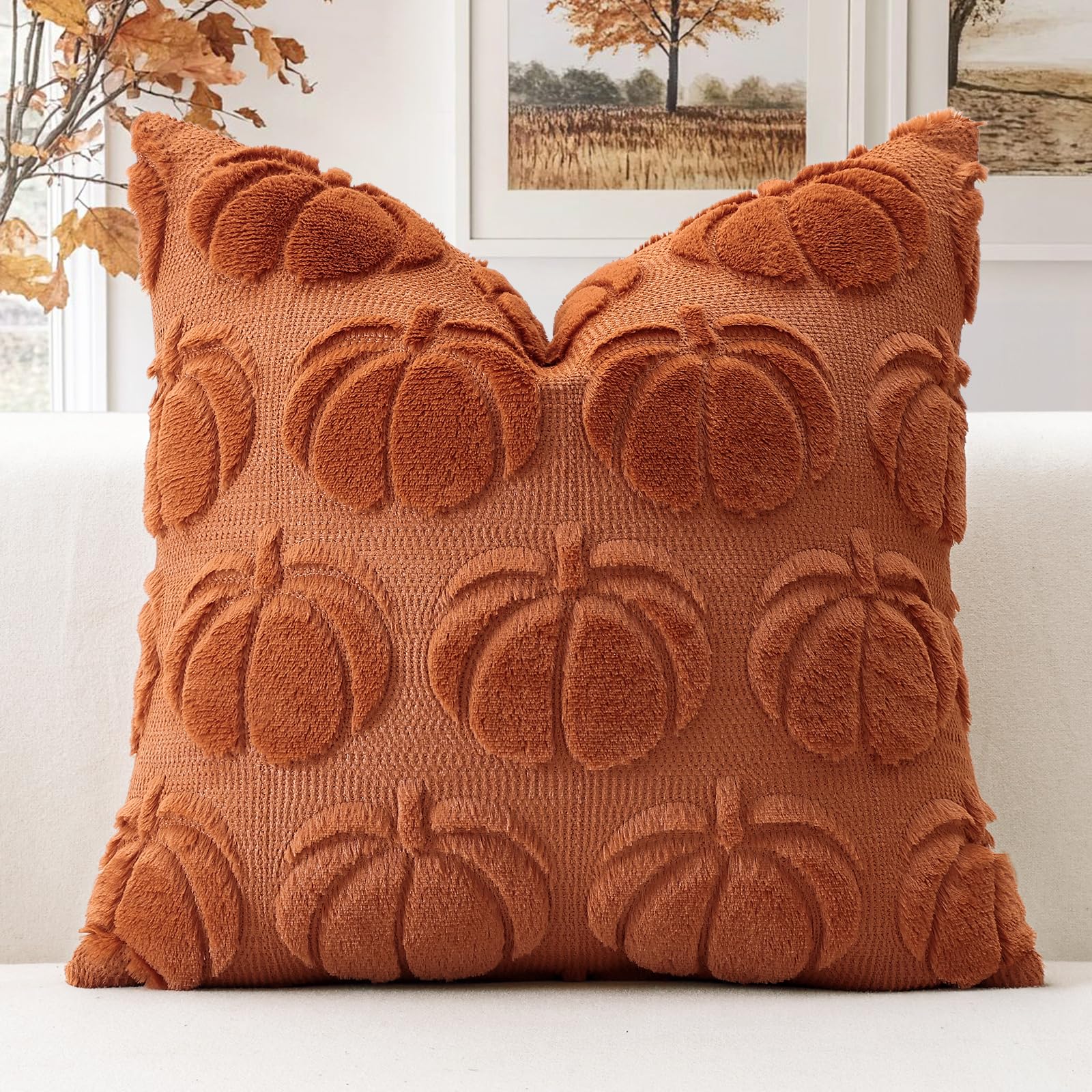 Artscope Fall Cushion Cover Set of 1 Autumn Pumpkin Throw Pillow Covers for Sofa Couch Bed Living Room Soft Plush Short Wool Velvet Farmhouse Pillowcase for Halloween 60x60cm Rust