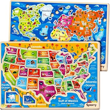 SYNARRY Large USA World Wooden Puzzles for Children Ages 4-6, Learning United States World Maps Puzles for Children Ages 6-8, Wood Jigsaw Puzzles Educational Games Toys Gifts for Boys Girls Ages 3-8