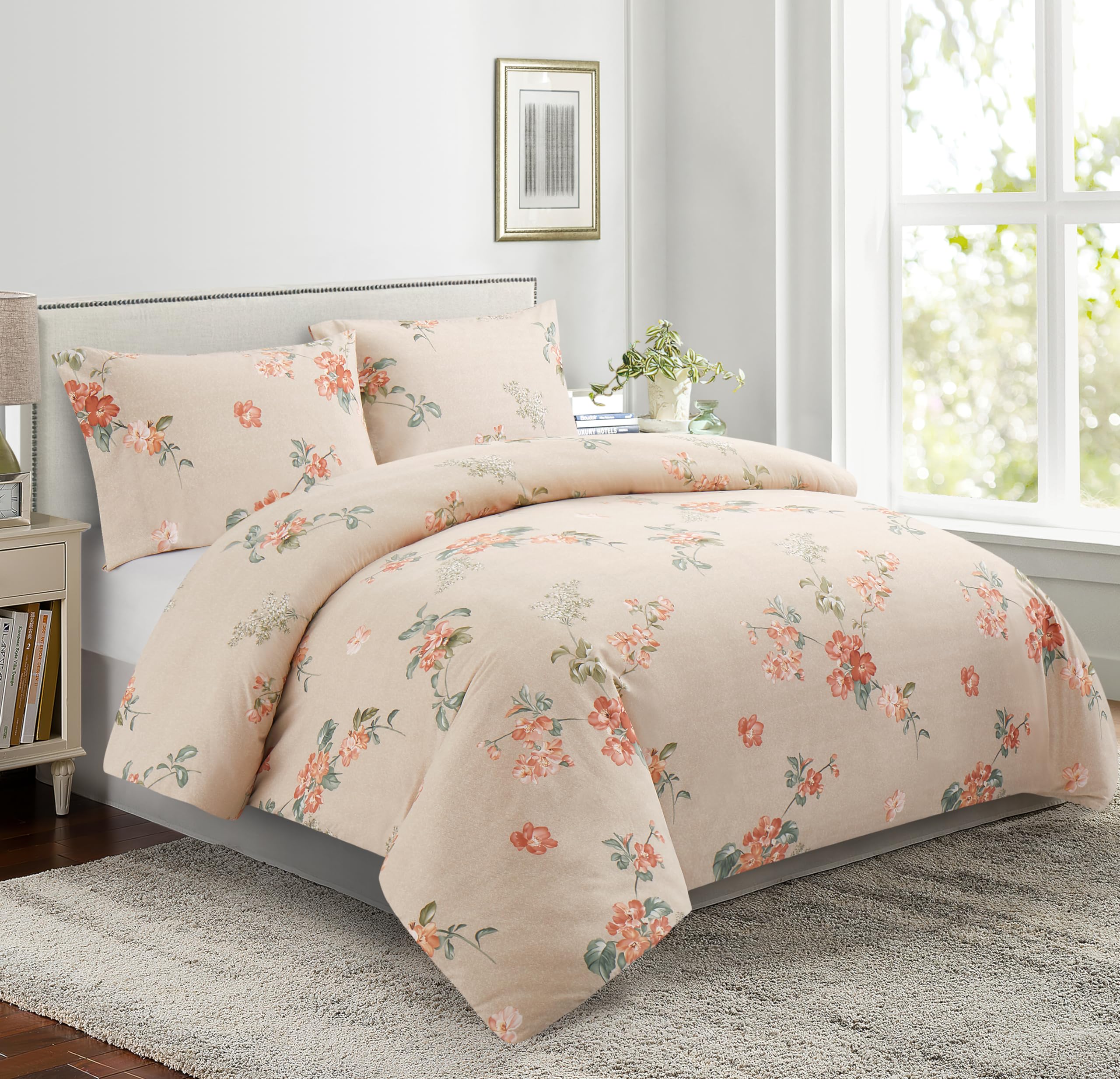 Marina Decoration Ultra Soft Silky Rich Printed Rayon from Bamboo All Season 4 Pieces Duvet Cover Fitted Sheet Ensemble Bedding Set with Zipper and Corner Tie, Peach Floral Taupe Pattern Queen Size