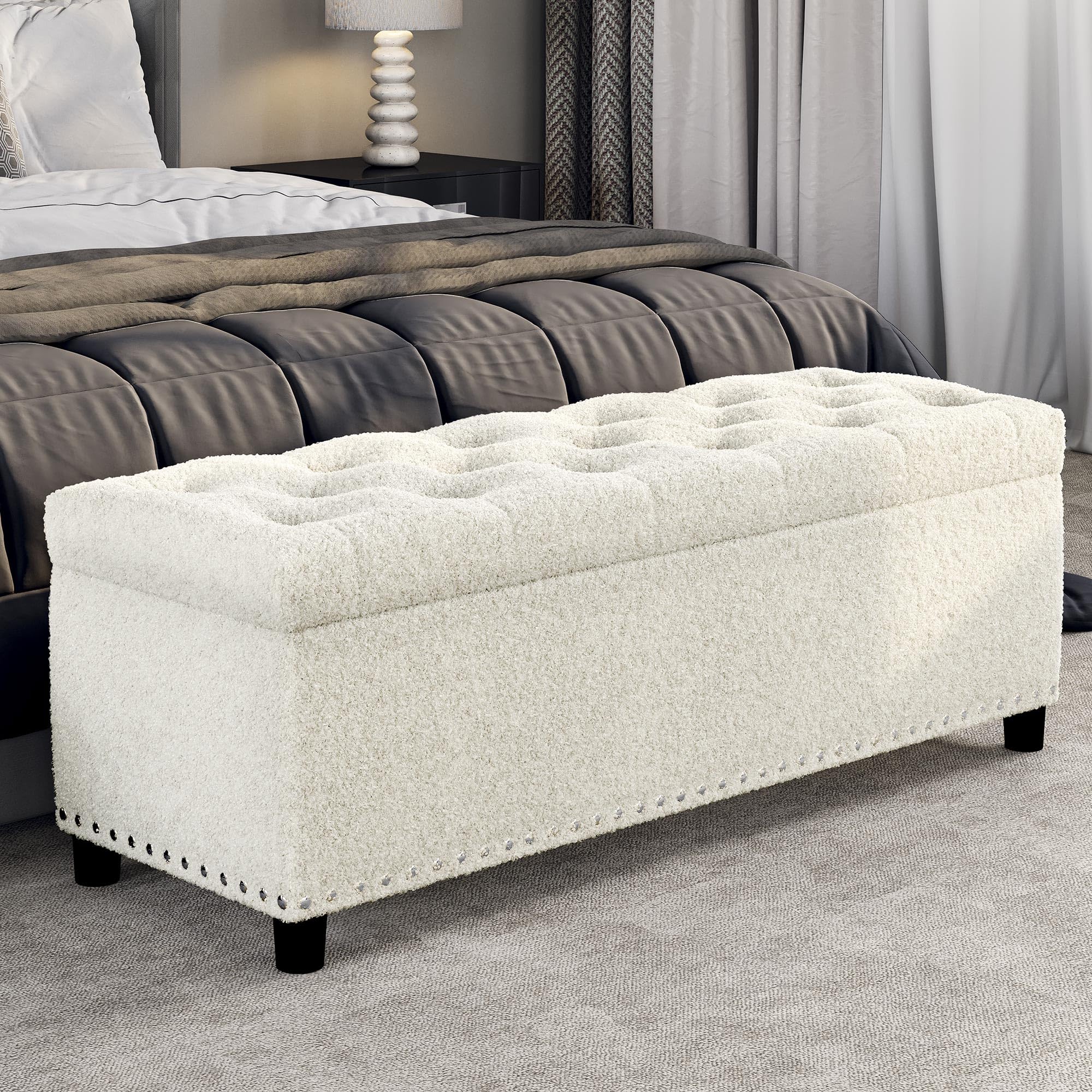 BELLEZE 47" Storage Ottoman, Storage Bench with Safety Close Hinge, Linen Button-Tufted Ottoman for Living Room, Entryway, Hallway, Foot Rest, Support