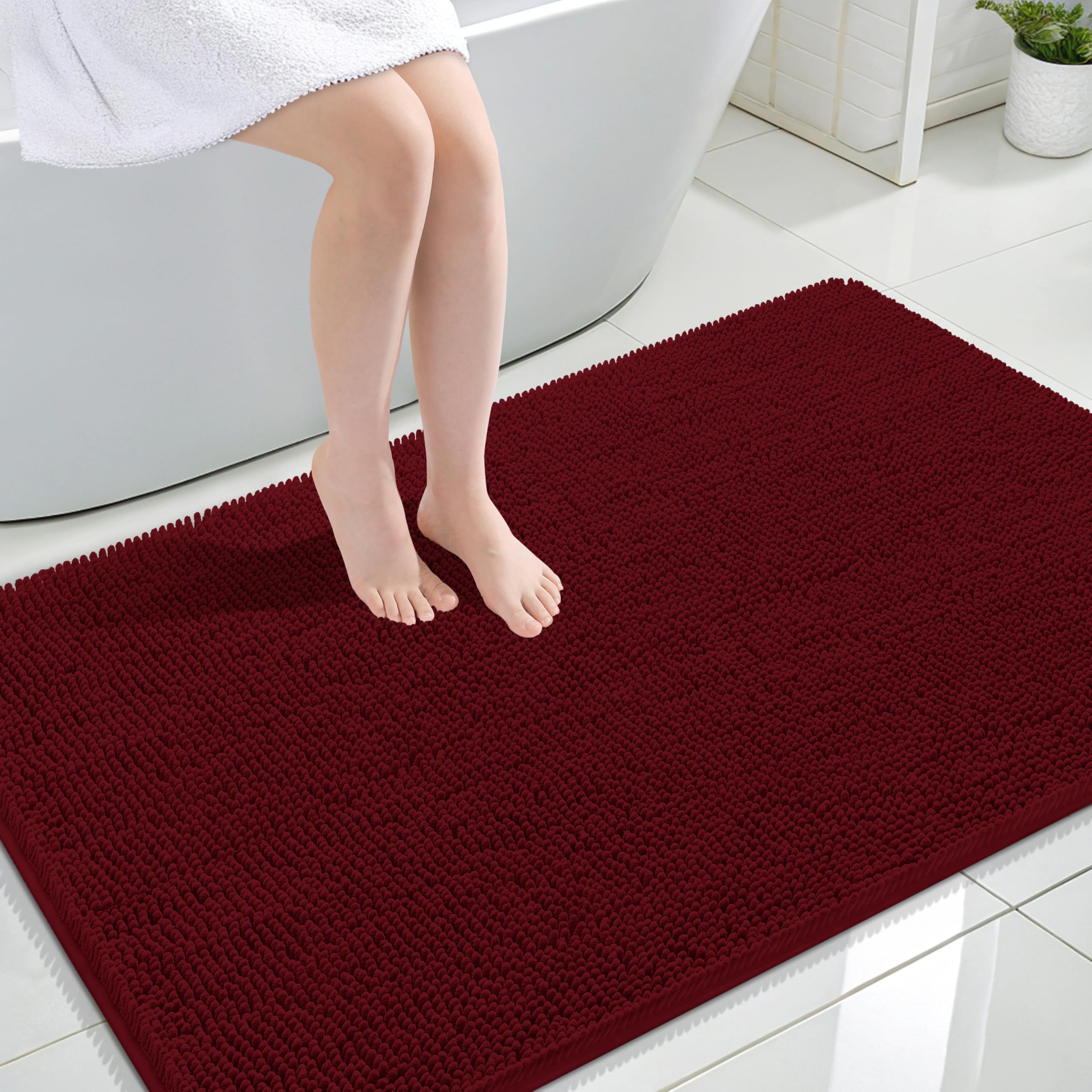 OLANLY Large Bathroom Rugs 47x32, Extra Soft Absorbent Chenille Bath Rugs | Burgundy, Quick-Drying Rubber Backing, Machine Washable Bath Mat for Bathroom Floor, Tub and Shower, Home Decor Accessories