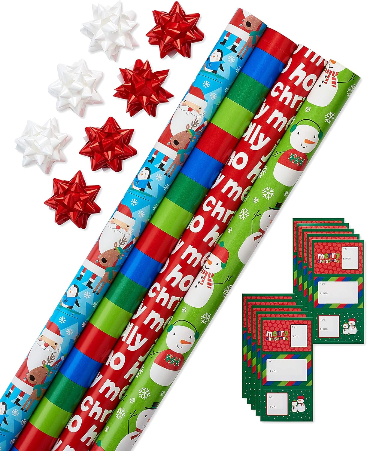 American Greetings Kids Christmas Wrapping Paper Set, Holiday Gift Wrap for Boys and Girls (120 sq. ft., 4 rolls-30 in. x 12 ft., 7 Adhesive Bows, 30 Gift Tag Stickers) Santa and Snowmen Santa, Snowmen, and Stripes