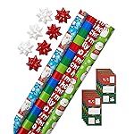 American Greetings Kids Christmas Wrapping Paper Set, Holiday Gift Wrap for Boys and Girls (120 sq. ft., 4 rolls-30 in. x 12 ft., 7 Adhesive Bows, 30 Gift Tag Stickers) Santa and Snowmen