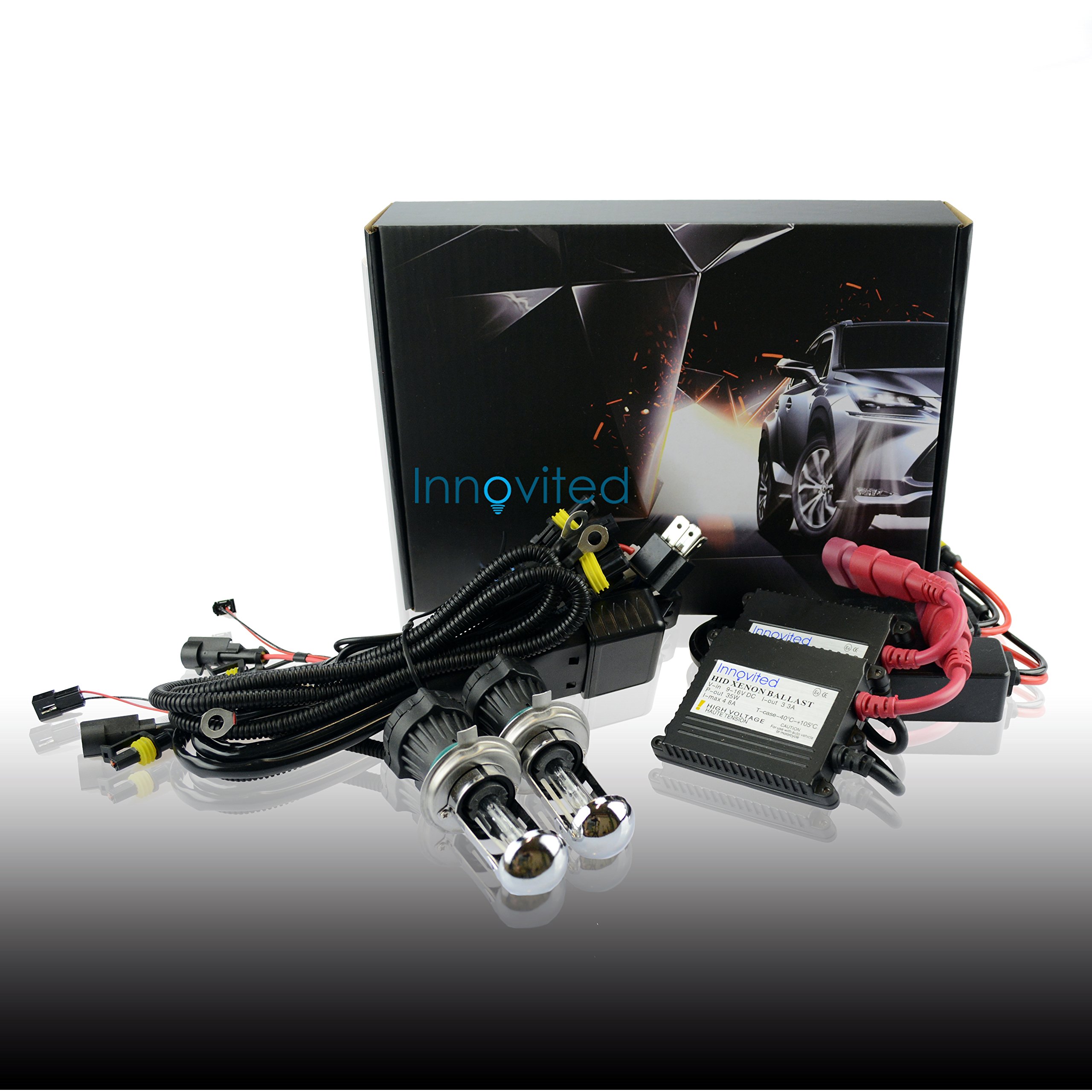 Innovited 35W DC Slim Digital Ballast x 1 Pair with HID Xenon Bulb x 1 Pair Bundle - H4-3 9003-8000K Bi xenon HI/LO - Ice Blue