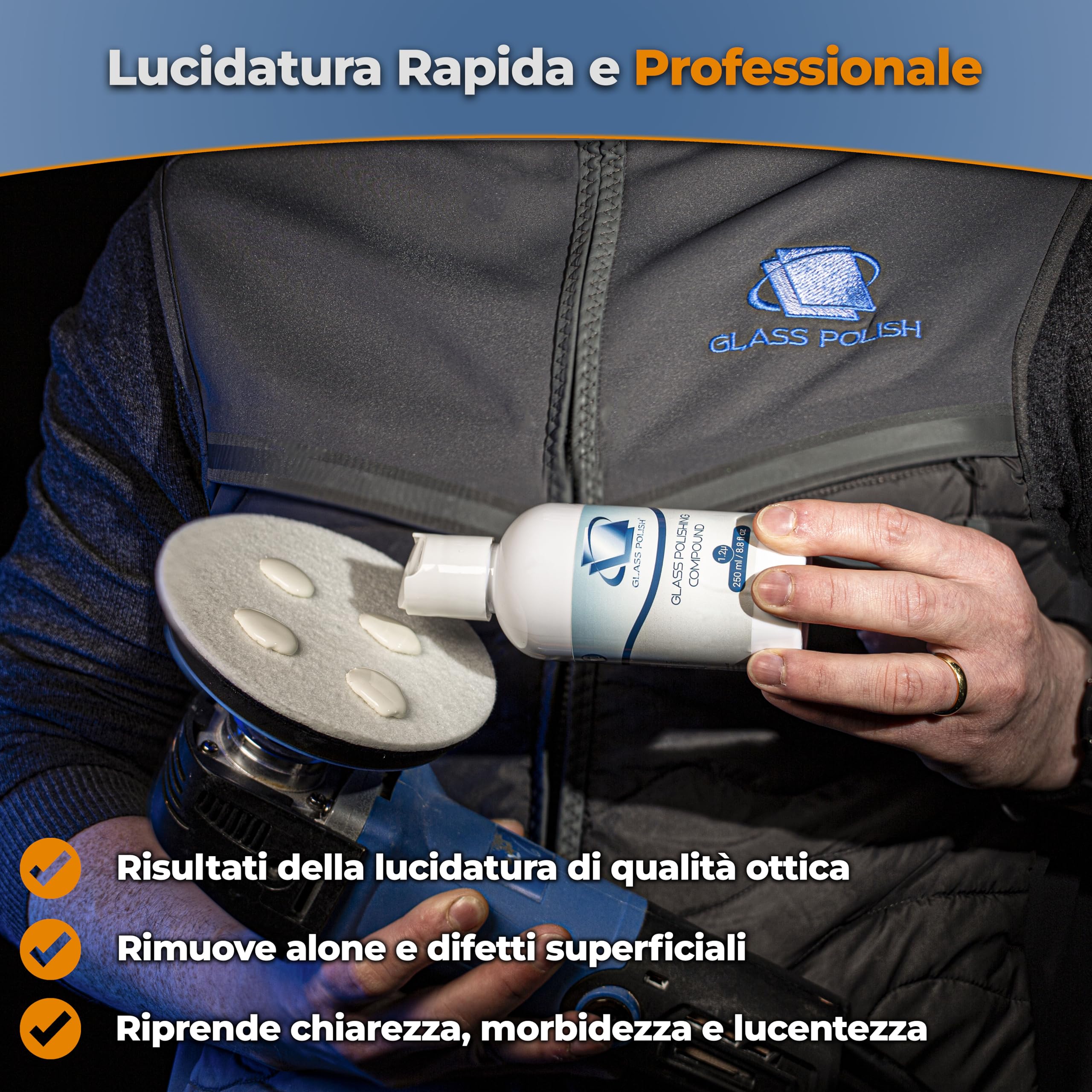 Glass Polish - 250ml Composto Lucidante per Vetri - Pasta Concentrata di Ossido di Cerio a Grana Fina per Lucidatura Professionale di Tutte le Superfici in Vetro - 1,2 Micron