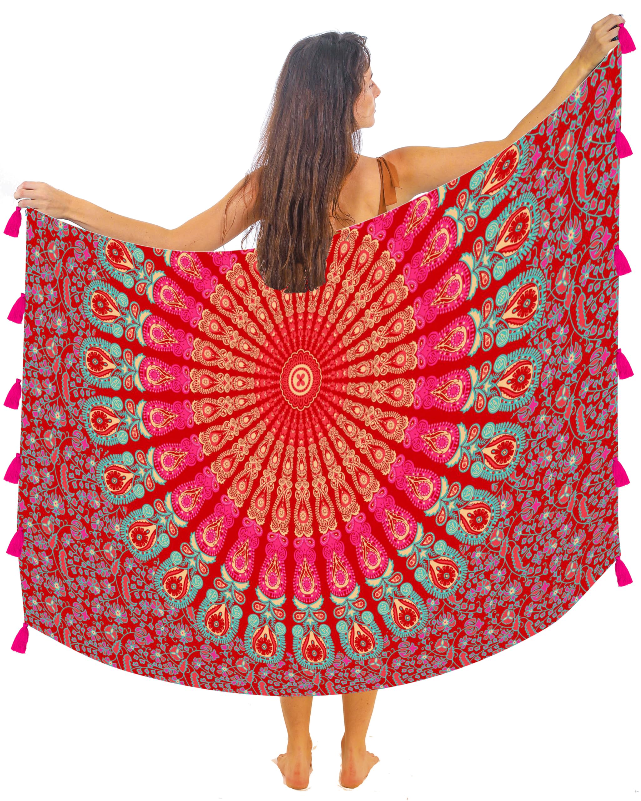 Boho Mandala Pareo Sarong Bikini Cover Up with Tassels – Super Soft Lightweight Cotton, Large Indian Peacock Print, Ruby Mandala Rose
