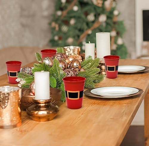 Miniatura 3 de Paquete de 50 vasos de Navidad desechables de plástico de 16 onzas. Diseño de cinturón de Papá Noel rojo y negro, taza transparente para bebidas de