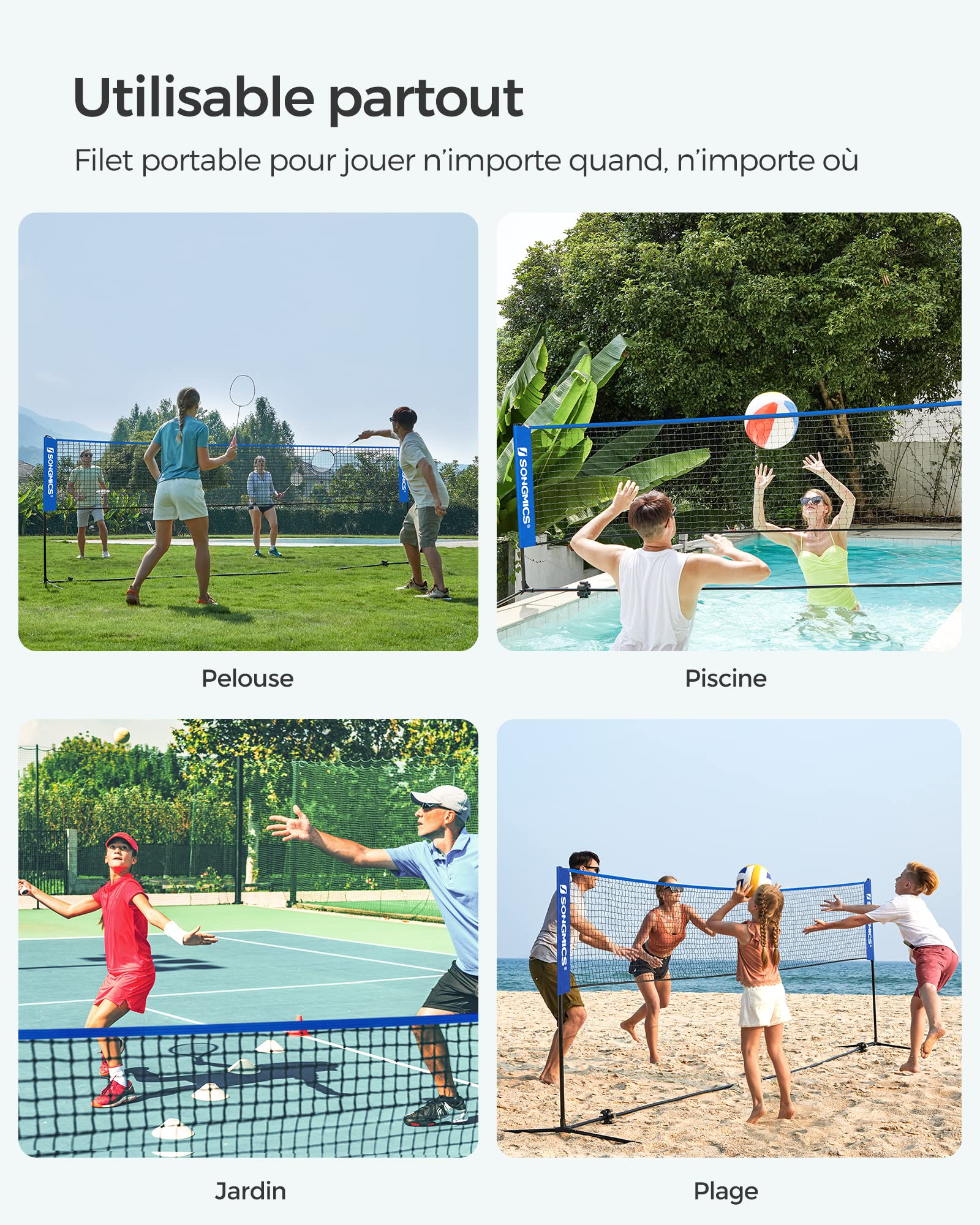 SONGMICS Filet de Badminton de 3 m, Filet de Volley-Ball, Hauteur réglable, Ensemble Portable pour Le Tennis