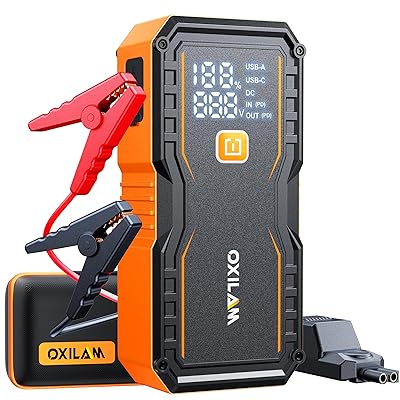 OXILAM 24000mAh Jump Starter for All Gas & Diesel Engines, 10000A Battery Jumper Starter Portable, 12V Jump Box with Quick Charger, Extended Jumper Cable, LED Display, USB, DC, Type C Port & LED Light