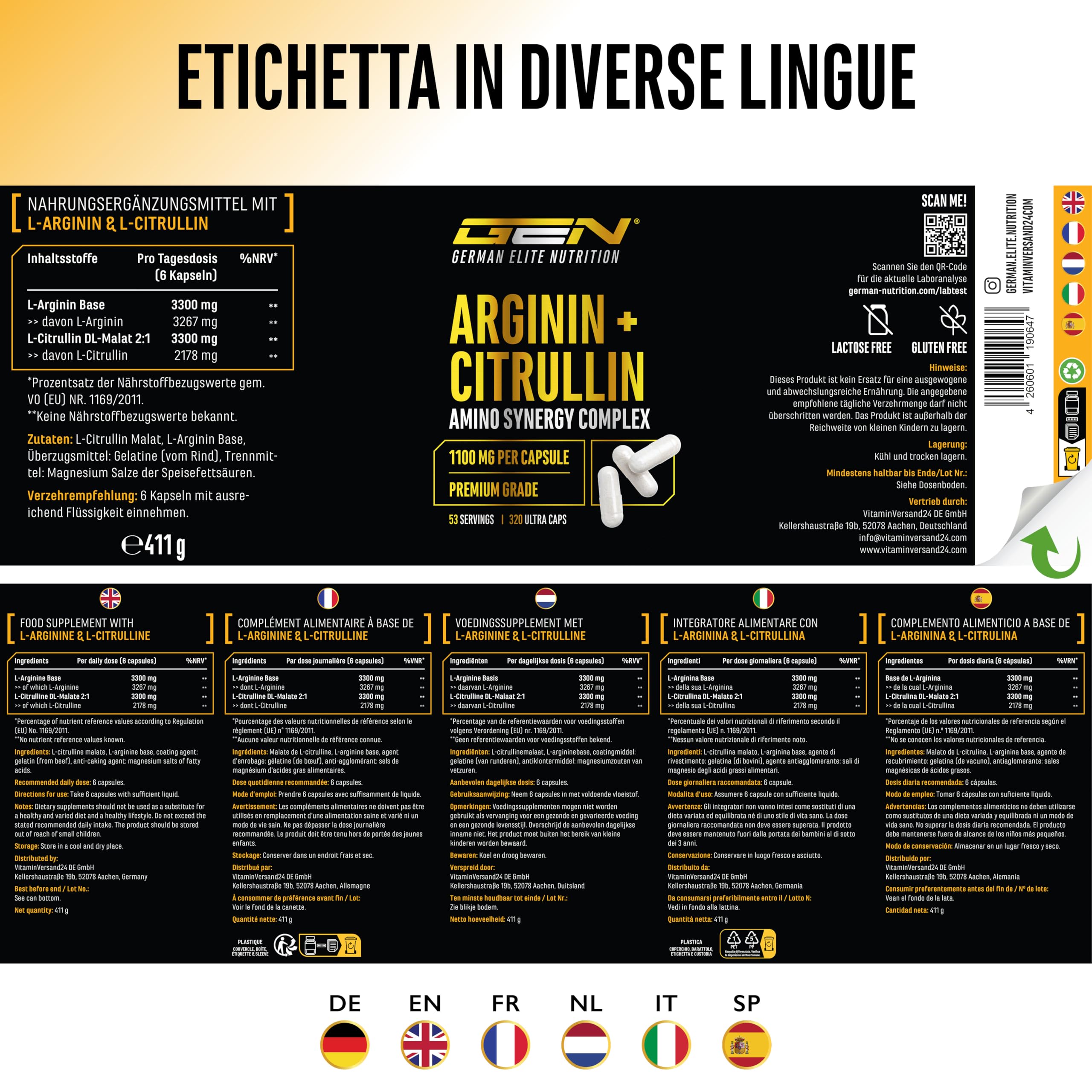 L-arginina + L-citrullina - 320 capsule - 1100 mg per capsula - Ultra Caps ad alto dosaggio con arginina base e citrullina nel rapporto 1:1 - Combinazione di aminoacidi di alta qualità