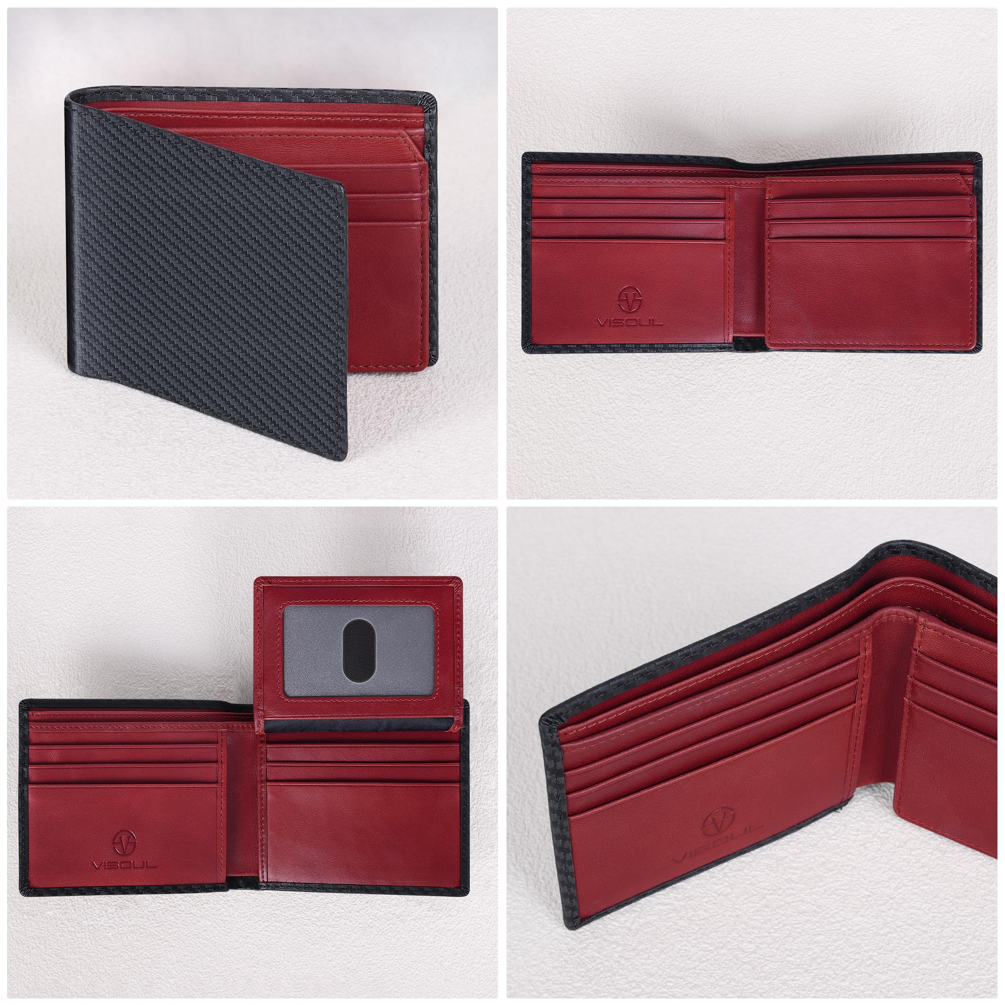 VISOUL Cartera de Cuero de Fibra Carbono para Hombres con Bloqueo RFID Billetera Plegable de Cuero Genuino Hombres con Ventana de ID Abatible hacia Arriba y 9 Ranuras para Tarjetas-Negro+Rojo Marrón