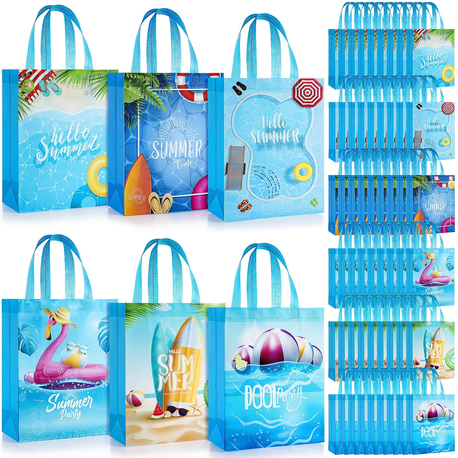Sweetude 60 Pcs Pool Party Favors Bags Summer Gift Beach Goodie Reusable Summer Beach Pool Theme Non Woven Treat Bags with Handles for Hawaii Party,