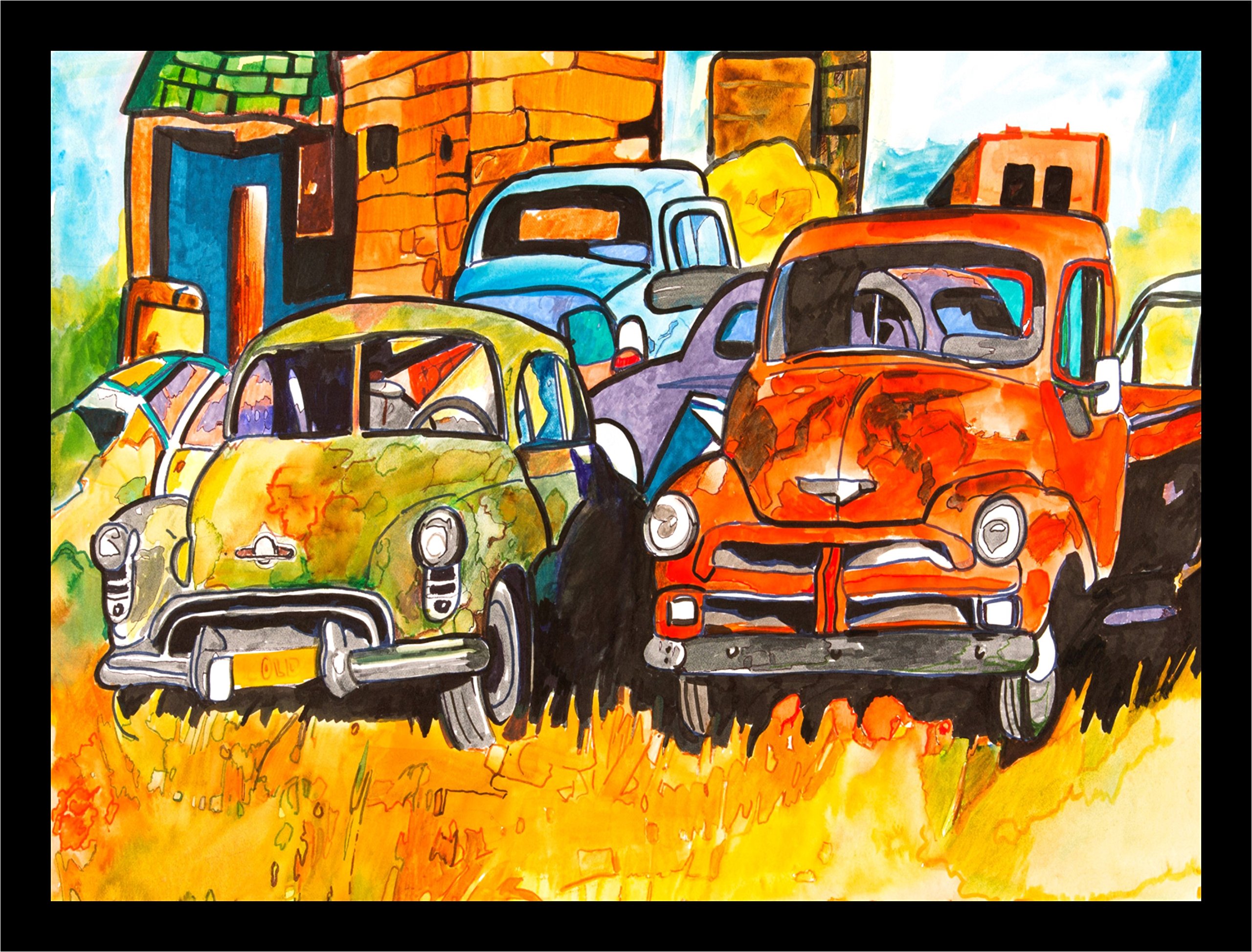 buyartforless Framed Junk Yard Oldies by Elizabeth Stack 24x18 Art Print Poster Colorful Vintage Trucks in Junkyard