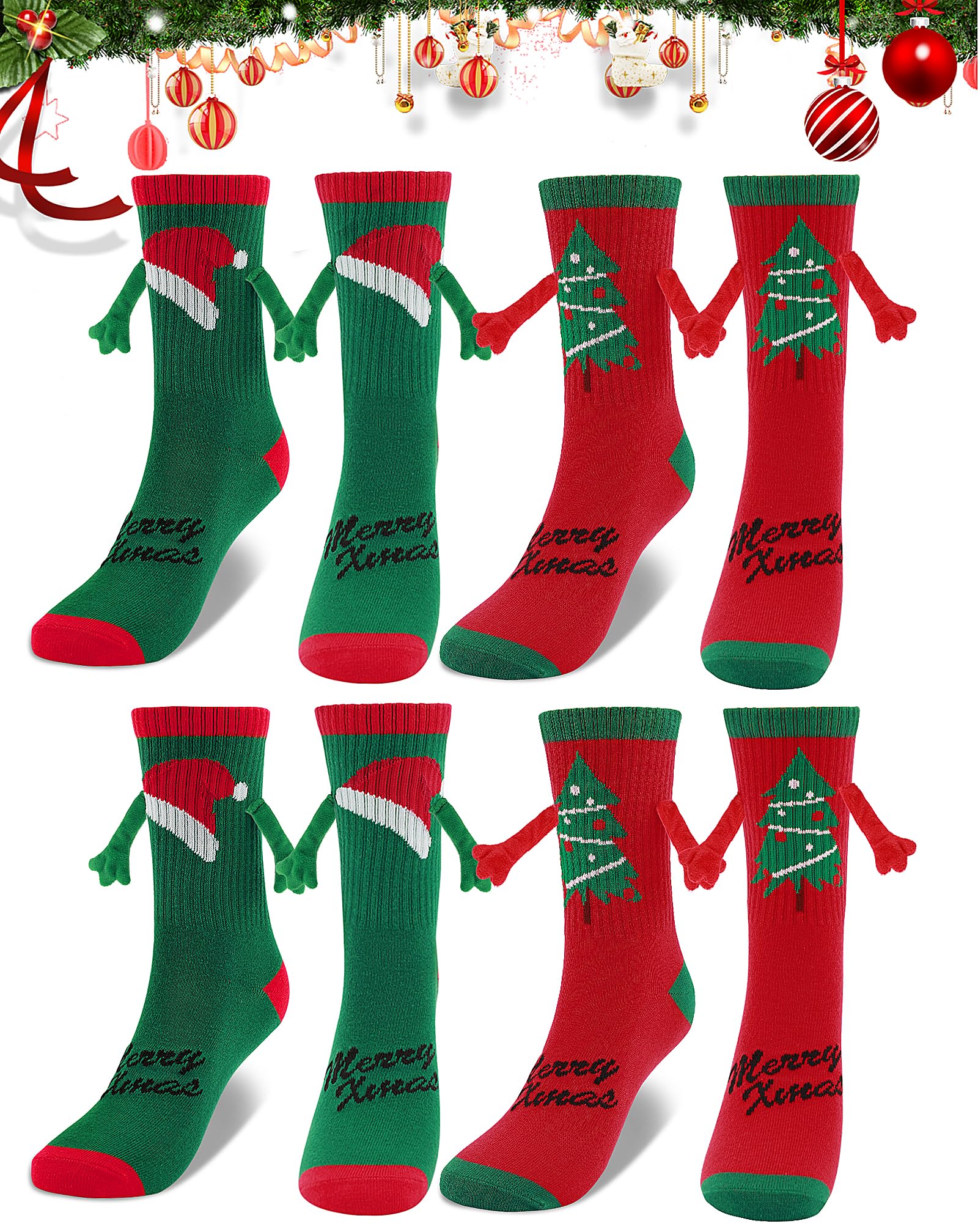 Lot de 4 paires de chaussettes de Noël amusantes tenant les mains, mignonnes et magnétiques pour homme et femme, chaussettes de vacances folles avec imprimé de Noël, chaussettes fantaisie amusantes