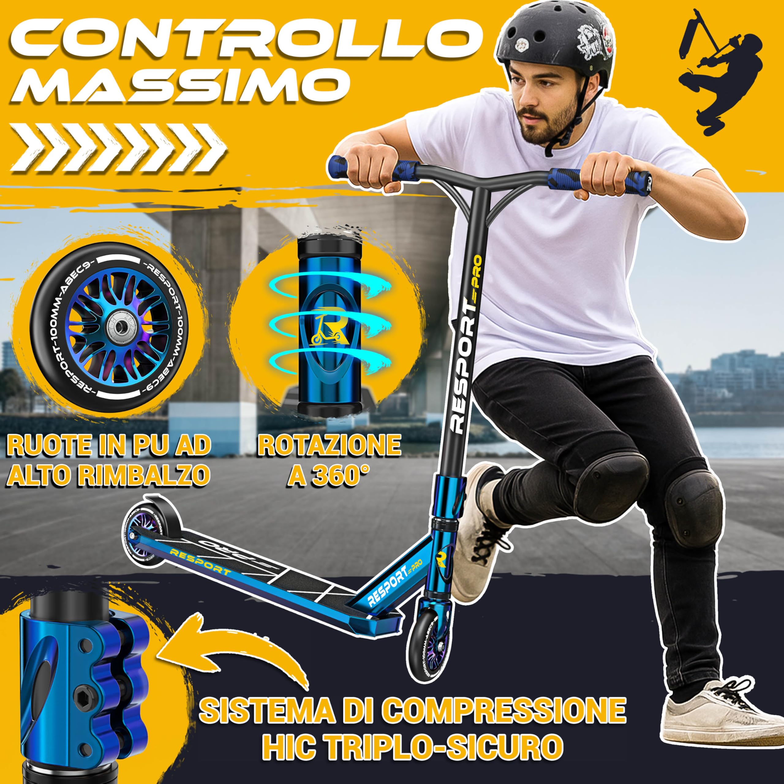 RE:SPORT Stunt Scooter Revo Pro per bambini e adulti con supporto, 110 mm, ruote in PU e Y-Bar, per acrobazie e monopattino ABEC 9, cuscinetti a sfera