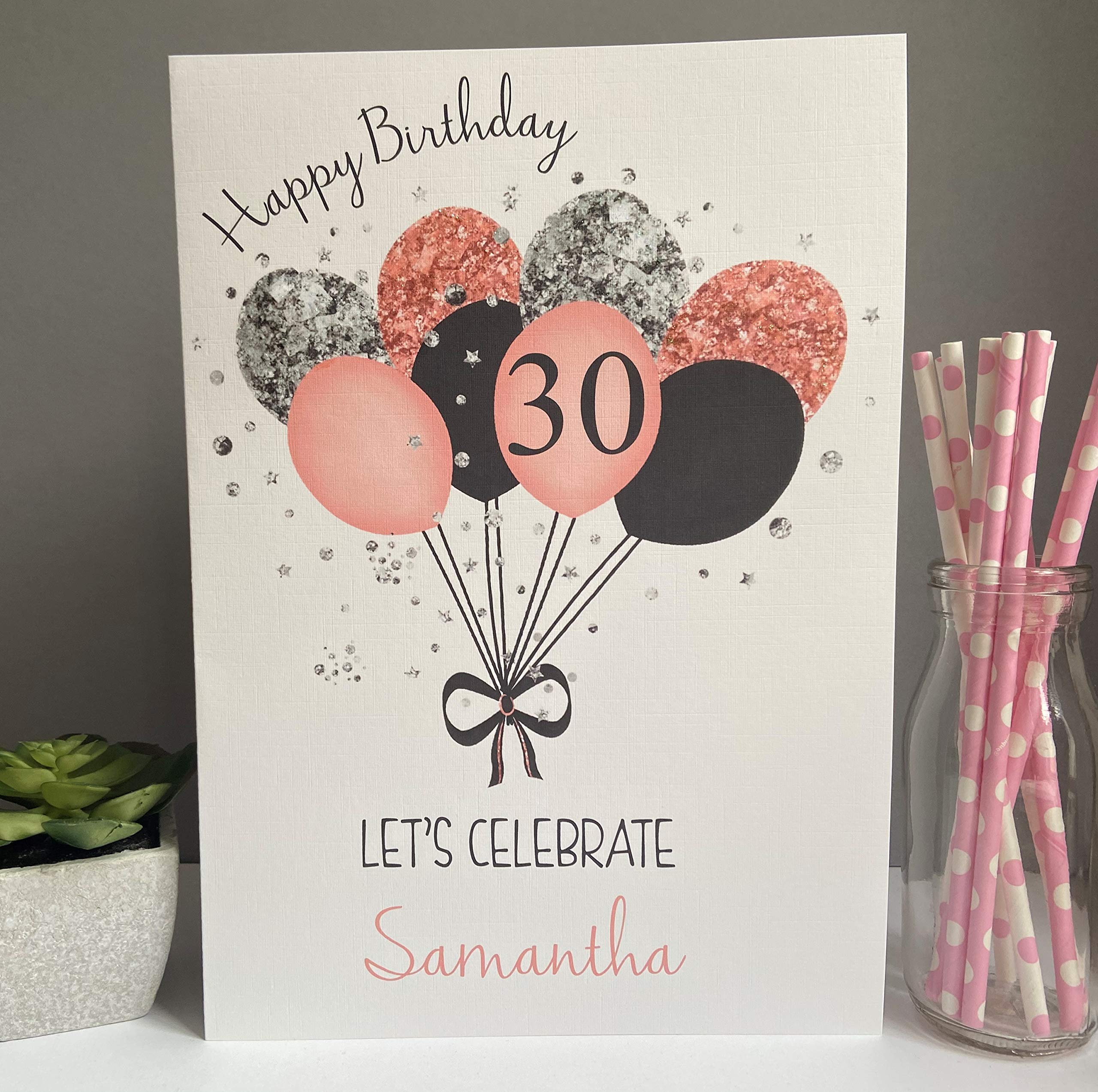 Personalised Handmade Female Girls Birthday Card Large A4 Glitter Effect Balloons Age 16 18 21 30 40 50 60 (Extra Large A4)